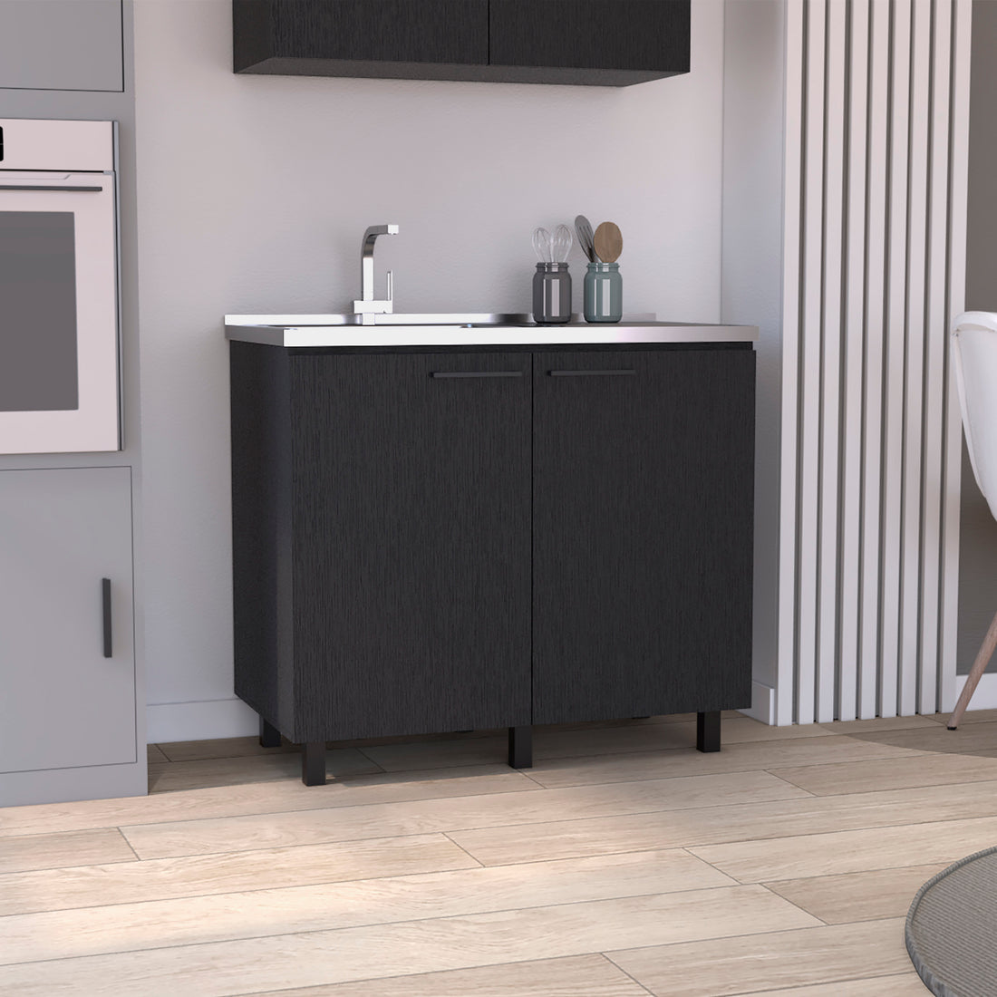 2 Freestanding Utility Base Cabinet With Stainless Steel Countertop And 2 Door, Black Black Solid Wood Mdf Engineered Wood