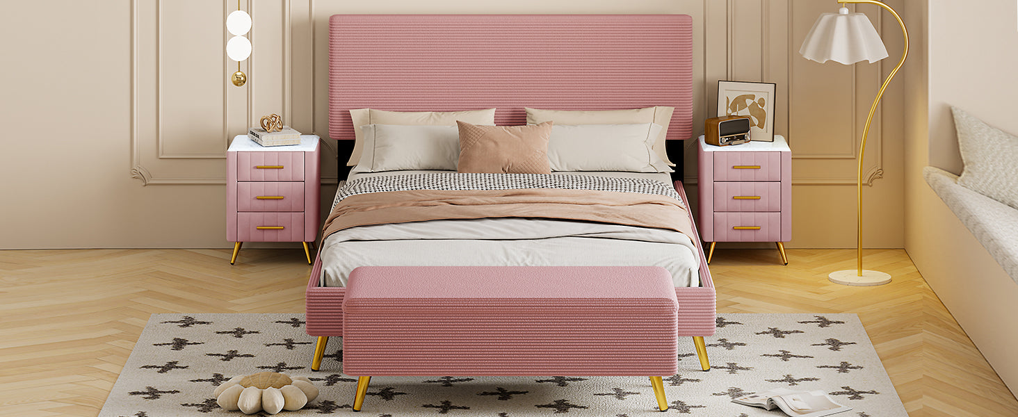4 Pieces Bedroom Sets Queen Size Upholstered Bed Frame With Modern Corduroy Storage Ottoman And Nightstands,Pink Queen Pink 4 Piece Set Wood