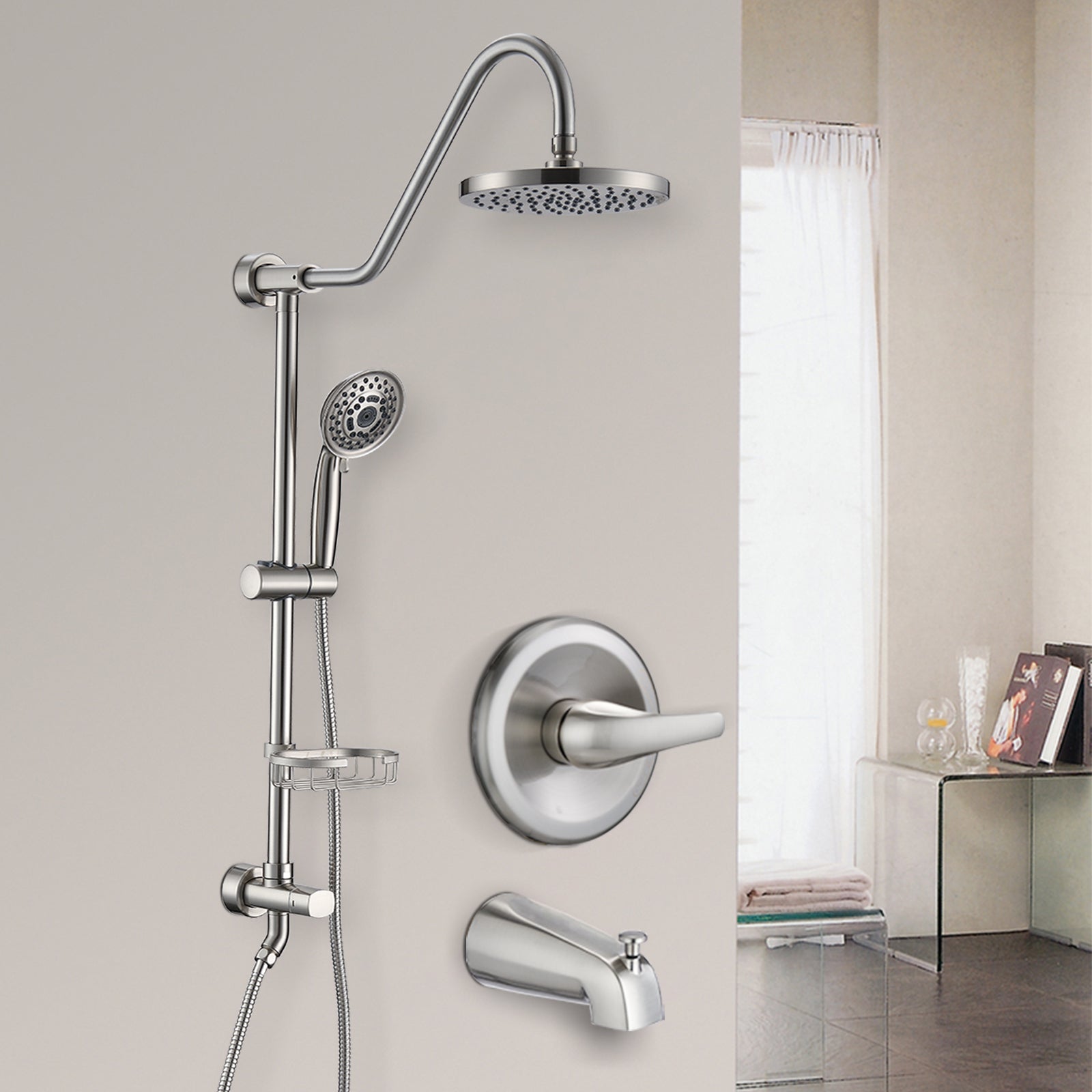 Brushed Nickel 7.8" Rain Shower And Handheld Shower System With Slide Bar And Tub Spout, 2 In 1 Tub Set Brushed Nickel Stainless Steel