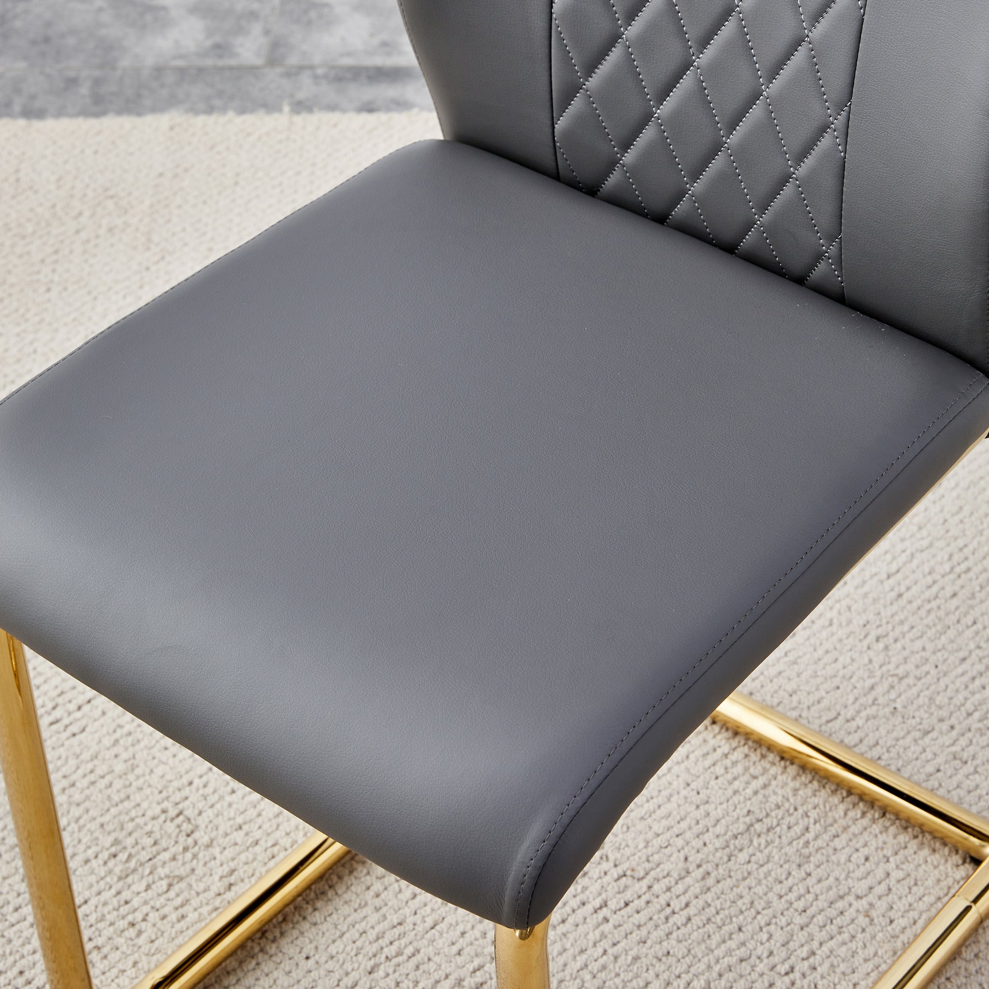 Table And Chair Set.Large Modern Rectangular Table With 0.4 Inch Patterned Glass Tabletop And Large Mdf Table Legs.Comes With 6 Chairs With Faux Leather Cushioned Seats And Golden Metal Legs. Gold White Seats 6 Mdf Glass