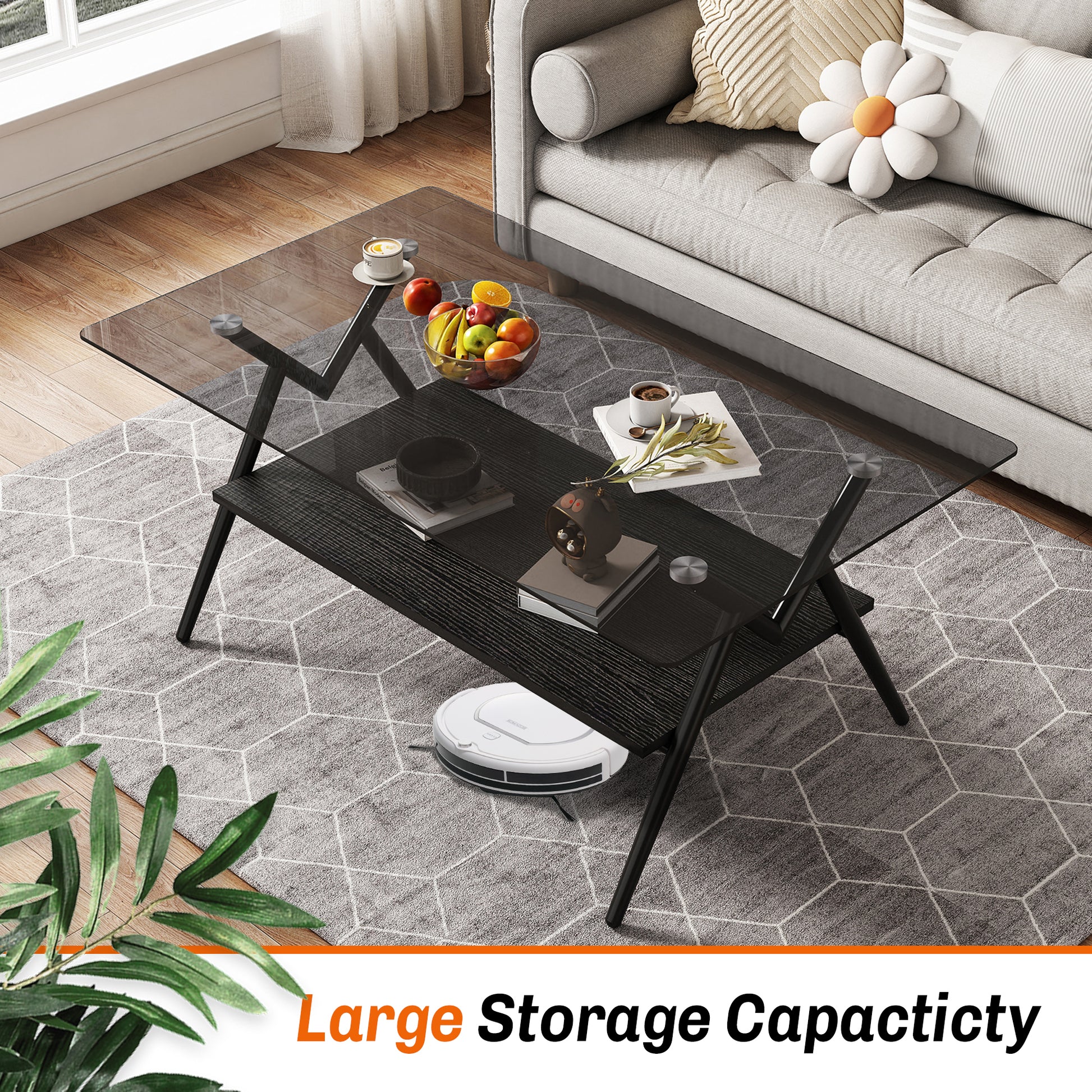 Rectangle Coffee Table With Tempered Glass Top And Black Mdf Shelf, Modern Table For Living Room, Gray Glass Gray Tempered Glass