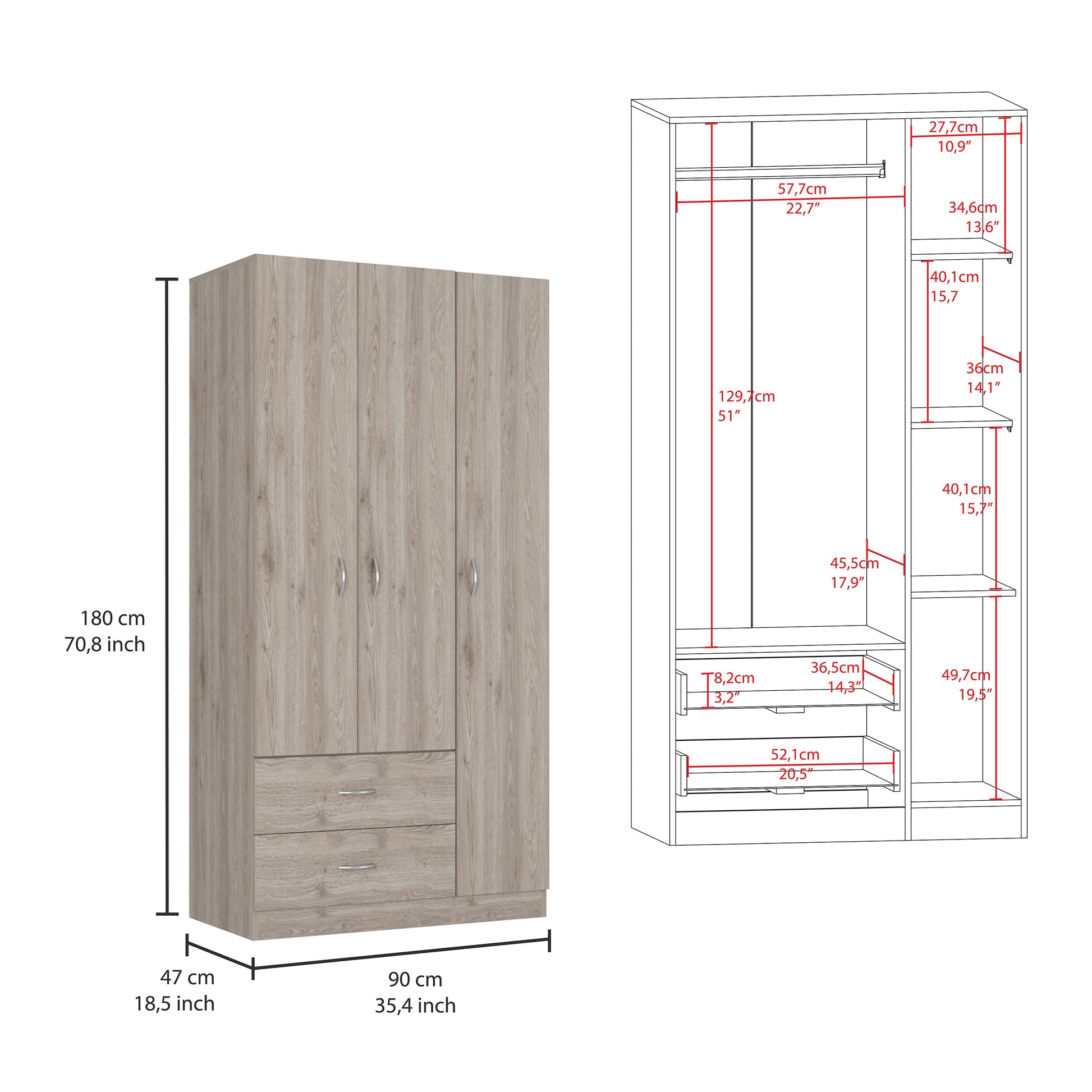 Austral 3 Door Armoire With Two Drawers, Shelves, And Hanging Rod Light Gray Light Gray Particle Board