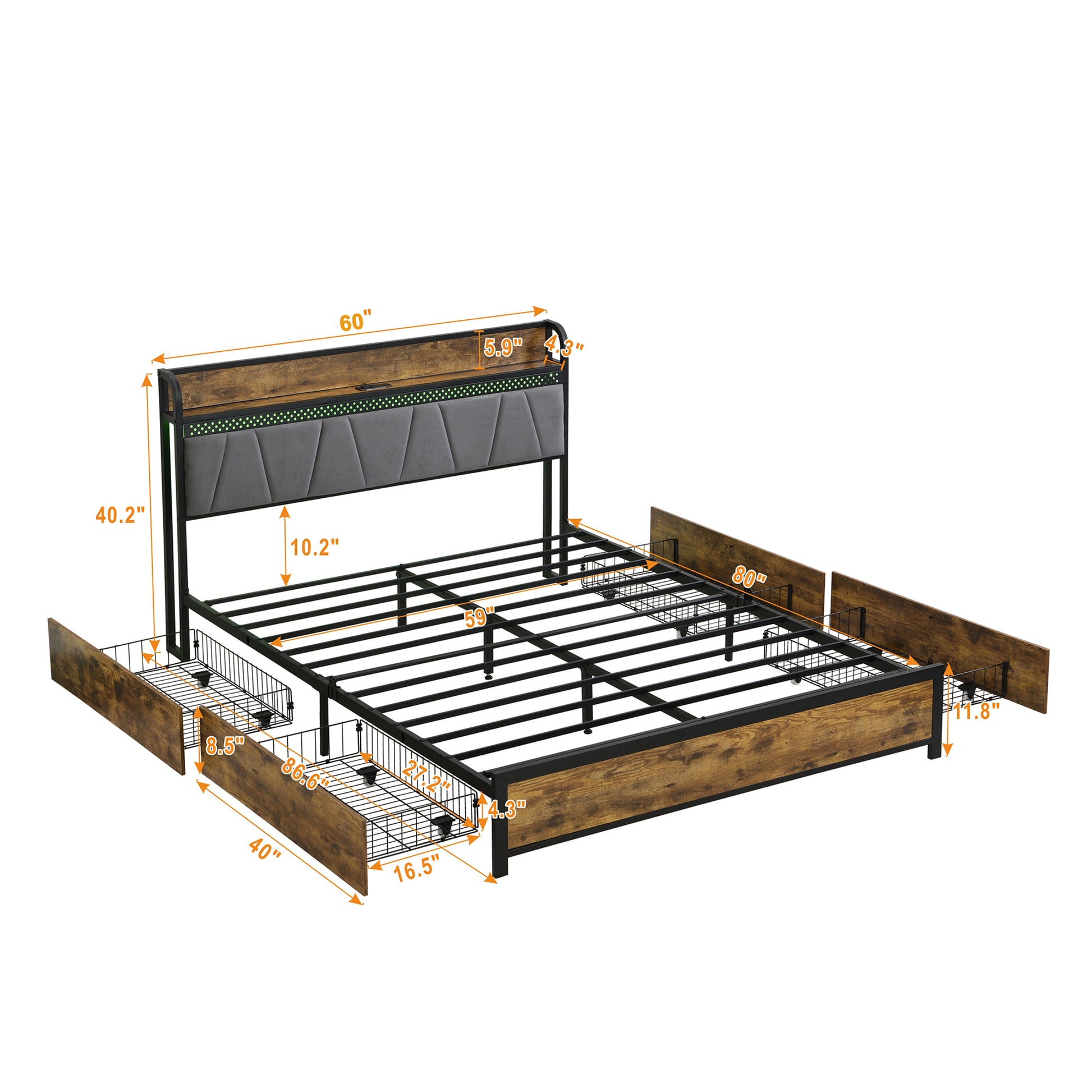 Queen Size Bed Frame, Storage Headboard With Charging Station And 4 Storage Drawers,Led Lightsbrown And And Gray Queen Black Brown Grey Mdf Metal