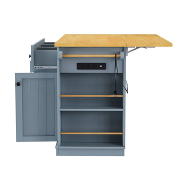 K&K 53Inch Large Kitchen Island With 2 Bar Stools, Power Outlet,Door Internal Storage Rack,Kitchen Storage Cart On 5 Wheels With Drop Leaf,5 Open Side Racks,3 Drawers For Kitchen,Dining Room,Grey Blue Grey Blue Gray Kitchen