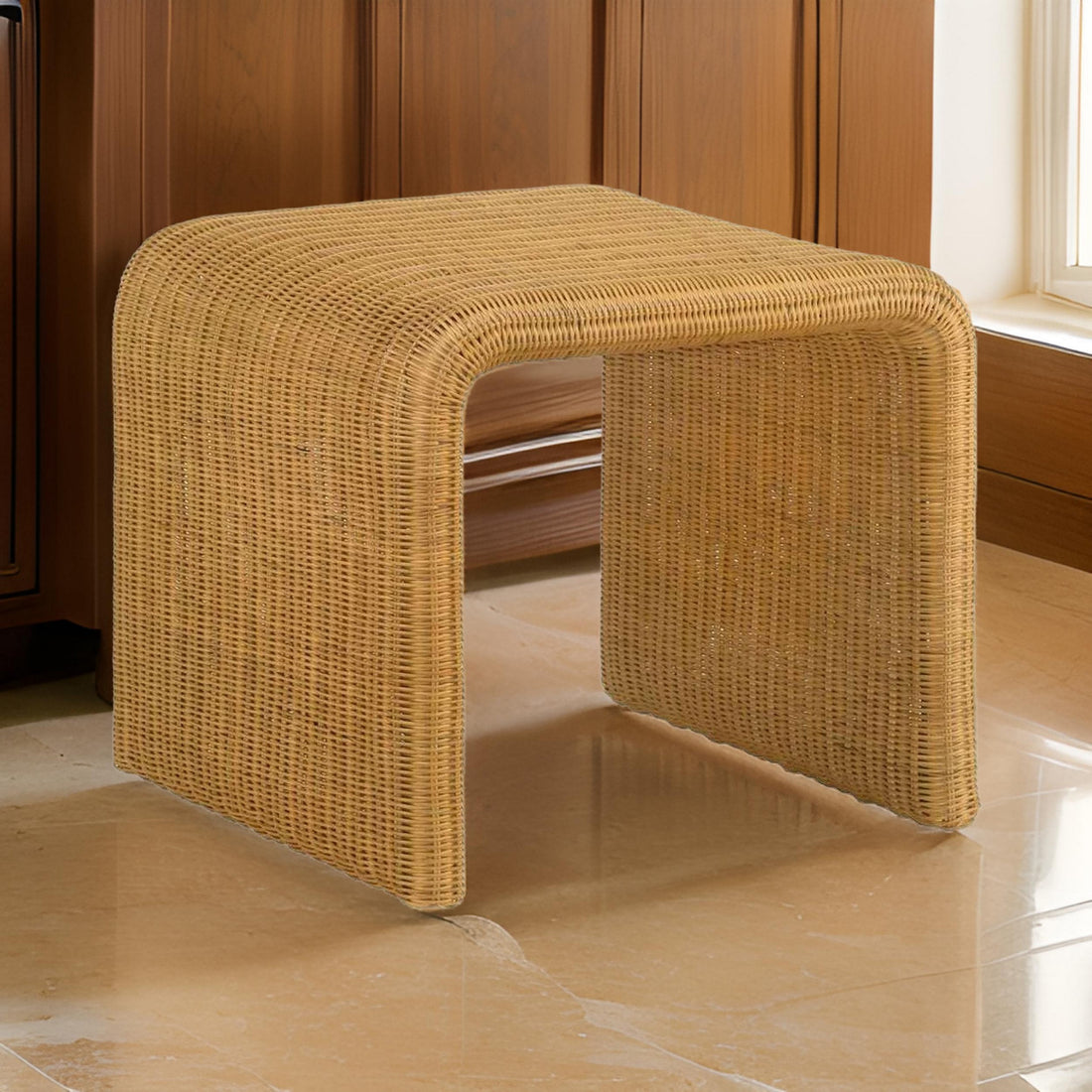 22 Inch Side End Table, Woven Rattan Frame, Waterfall Edges, Square Surface Brown Metal
