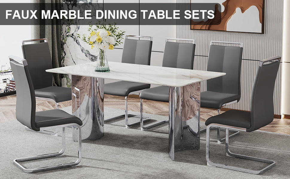 Modern Minimalist Dining Table. Imitation Marble Glass Sticker Desktop, Stainless Steel Legs, Stable And Beautiful. 6 Premium Pu Seats. 63 Inches * 35.4 Inches * 29.5 Inches Dt 69 C 1162 Silver