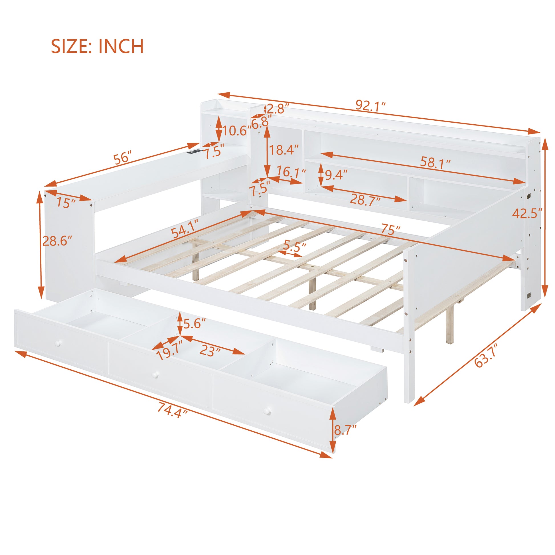 Full Size Wooden Daybed With 3 Drawers, Usb Ports And Desk ,White Full White Wood