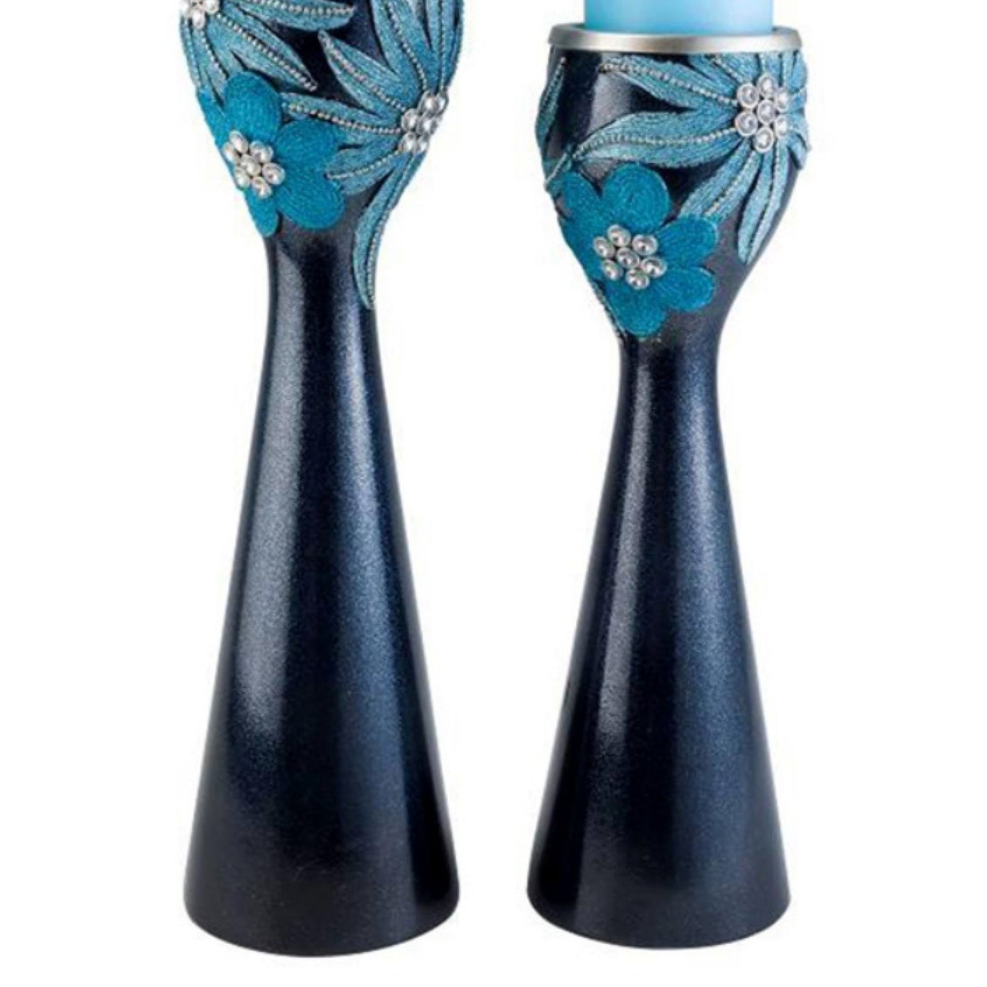 14" And 16" Tall Polyresin" Demeter" Candleholder, Aqua Finish Set Of 2 Blue Polyresin