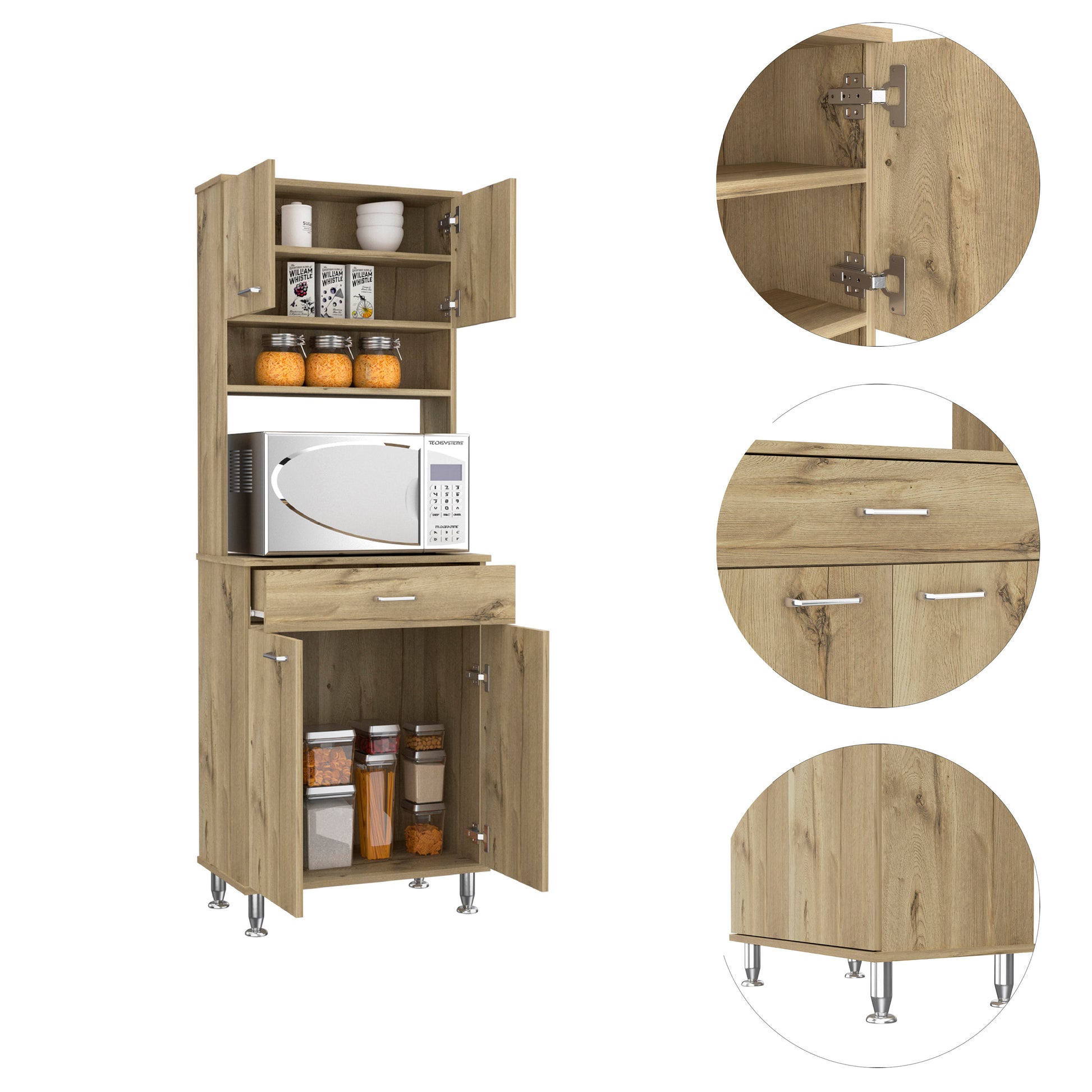 Bay Area Pantry, Two Door Cabinets, One Drawer, Four Adjustable Metal Legs Beige Kitchen Contemporary Melamine Engineered Wood