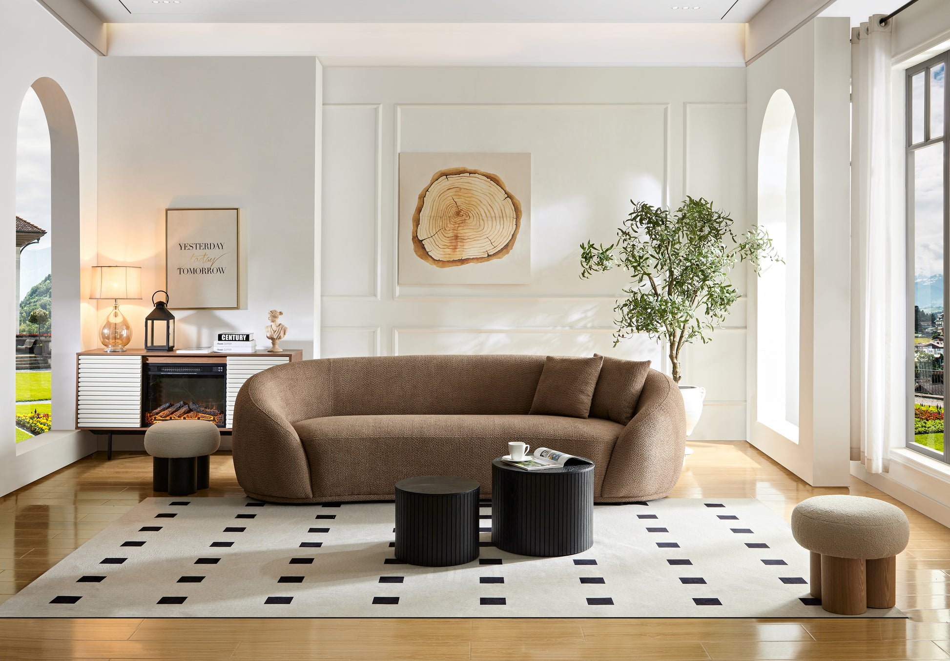 Wks1C Three Person Sofa Modern Combination Half Moon Casual Teddy Bear Wool Sofa Curved Sofa, Camel Color Camel Fabric 3 Seat