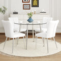 Table And Chair Set.A Modern Minimalist Round Dining Table With Transparent Tempered Glass Top And Silver Metal Legs,Paried With 4 Chairs With Pu Backrest And Seat Cushion And Silver Metal Legs. Transparent,White Seats 4 Glass Metal