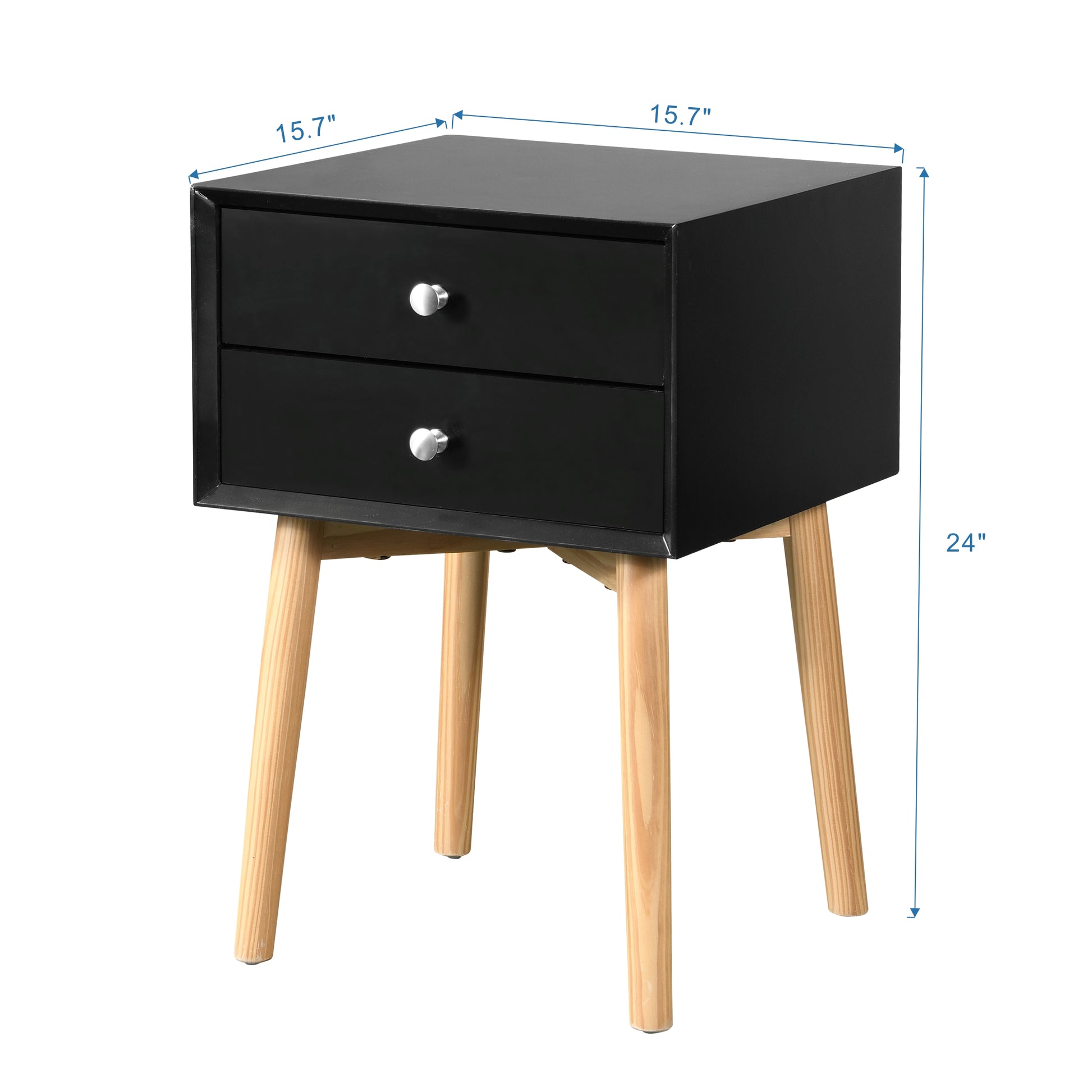 Side Table,Bedside Table With 2 Drawers And Rubber Wood Legs, Mid Century Modern Storage Cabinet For Bedroom Living Room, Black Black Mdf