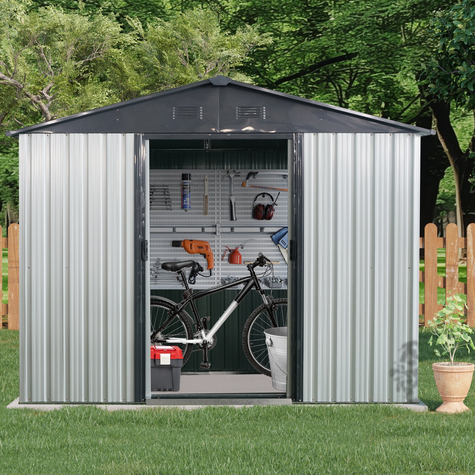 8Ft X 4Ft Outdoor Metal Storage Shed With Window And Metal Foundation For Backyard, Patio, Lawn White And Black White Black Metal