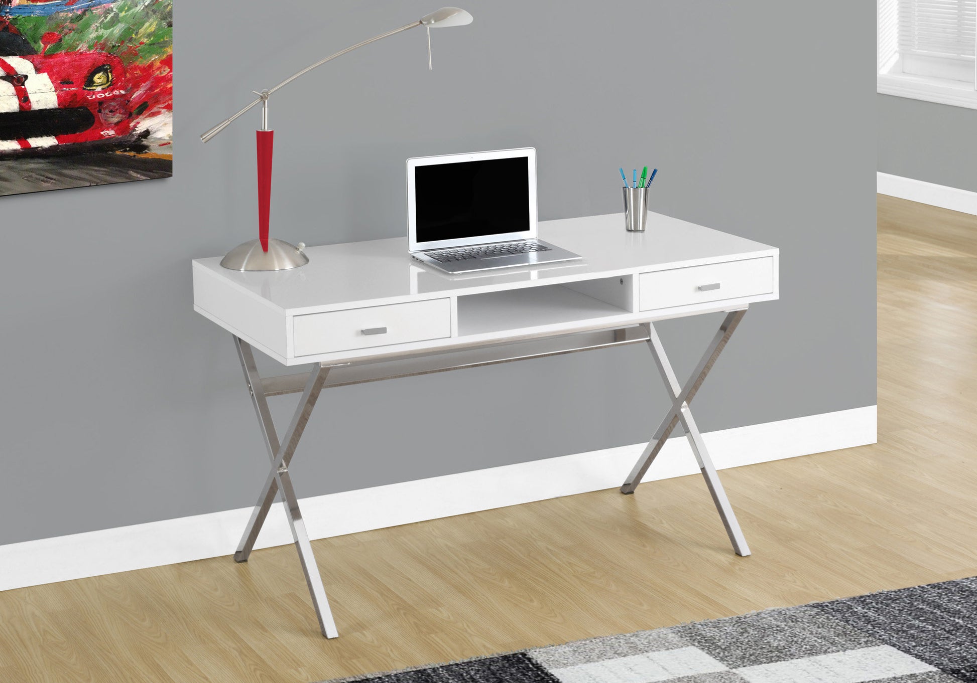 Computer Desk, Home Office, Laptop, Storage Drawers, 48"L, Work, Glossy White Laminate, Chrome Metal, Contemporary, Modern White Particle Board