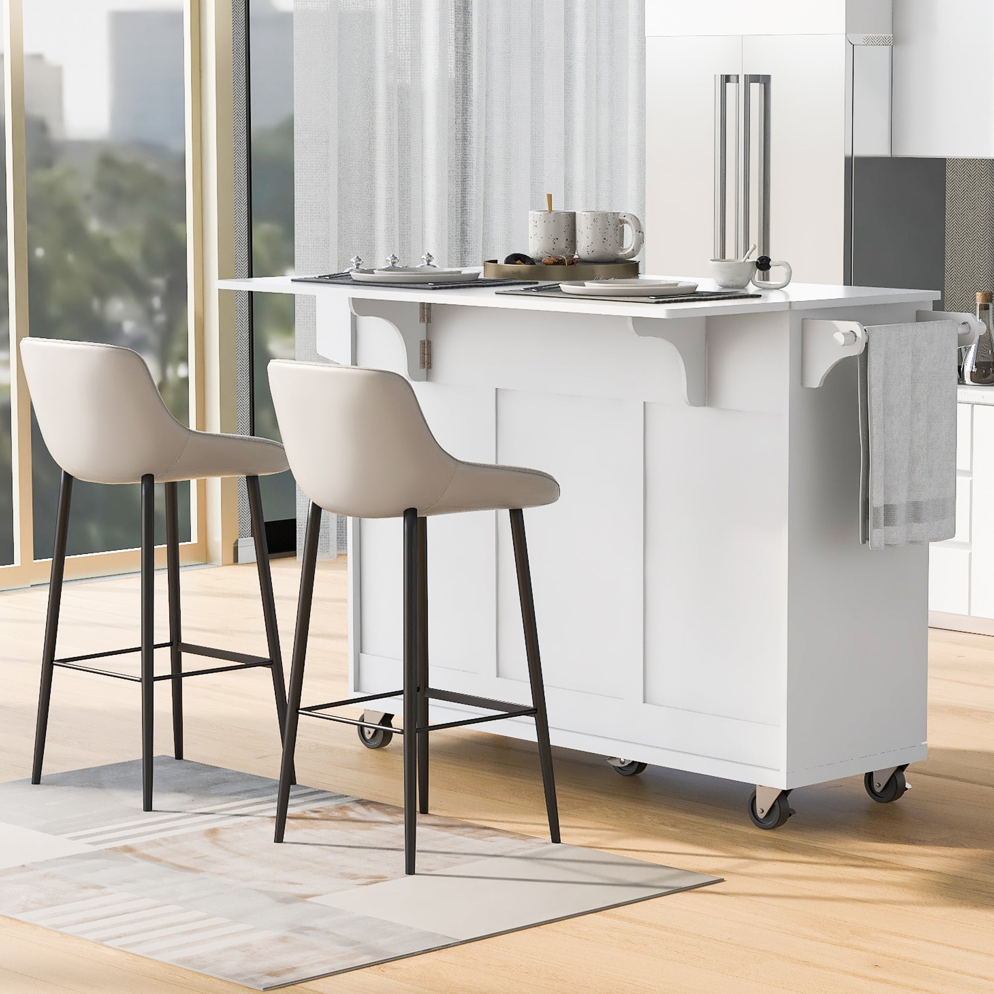 K&K 53.2'' Kitchen Island With Drop Leaf, Kitchen Storage Cart With Spice Rack, Towel Rack And 2 Drawers, Rolling Kitchen Island On Wheels With Adjustable Shelves For Kitchen, Dining Room, White White Brown Kitchen Artsy,Casual,Classic,Minimalist,Modern