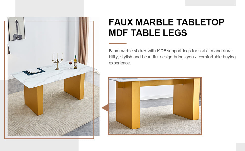 Table And Chair Set.Large Modern Rectangular Table With 0.4 Inch Patterned Glass Tabletop And Large Mdf Table Legs.Comes With 8 Chairs With Faux Leather Cushioned Seats And Golden Metal Legs. Gold White Seats 8 Mdf Glass