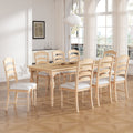 Vintage Traditional 9 Piece 82.7Inch Extendable Dining Table Set With 23.6Inch Removable Leaf And 8 Upholstered Dining Chairs For 8, Natural Wood Dining Room Distressed Finish Rubberwood Rectangular Dining Table With Bench Wood Wood Natural Seats 8