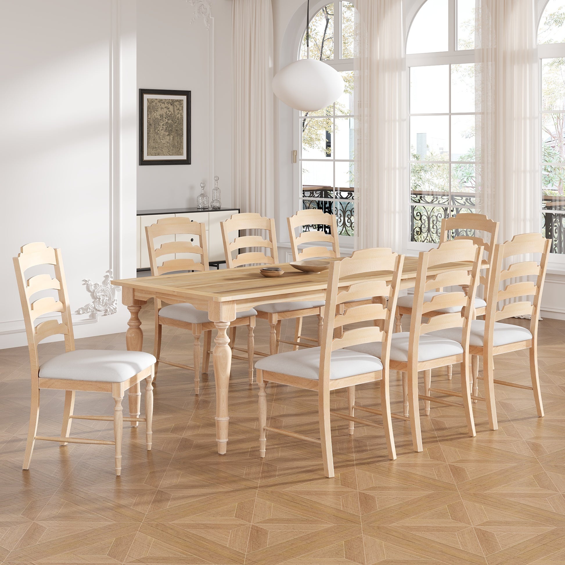 Vintage Traditional 9 Piece 82.7Inch Extendable Dining Table Set With 23.6Inch Removable Leaf And 8 Upholstered Dining Chairs For 8, Natural Wood Dining Room Distressed Finish Rubberwood Rectangular Dining Table With Bench Wood Wood Natural Seats 8