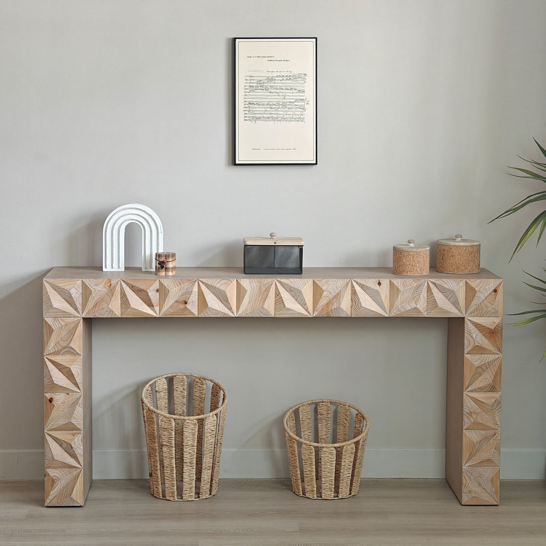 Modern Geometric Wooden Console Table Natural Wood Finish With Handcrafted 3D Design Antique Natural,Natural,Natural & Light Brown,Natural Wood,Natural Wood Wash Nature Distressed Finish Primary Living Space Powder Coated Rectangular Wood