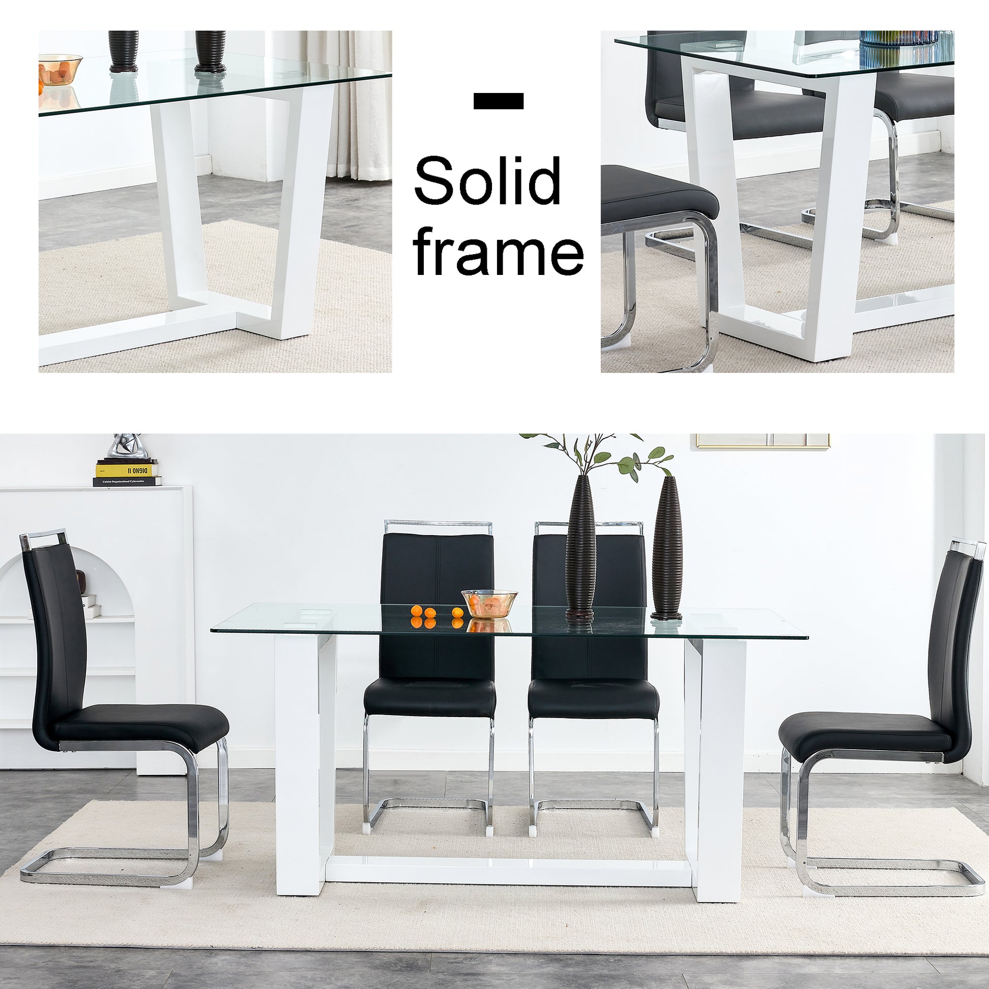 Glass Dining Table Large Modern Minimalist Rectangular For 6 8 With 0.4" Tempered Glass Tabletop And White Mdf Trapezoid Bracket,For Kitchen Dining Living Meeting Room Banquet Hall F 1550 Transparent Mdf Glass