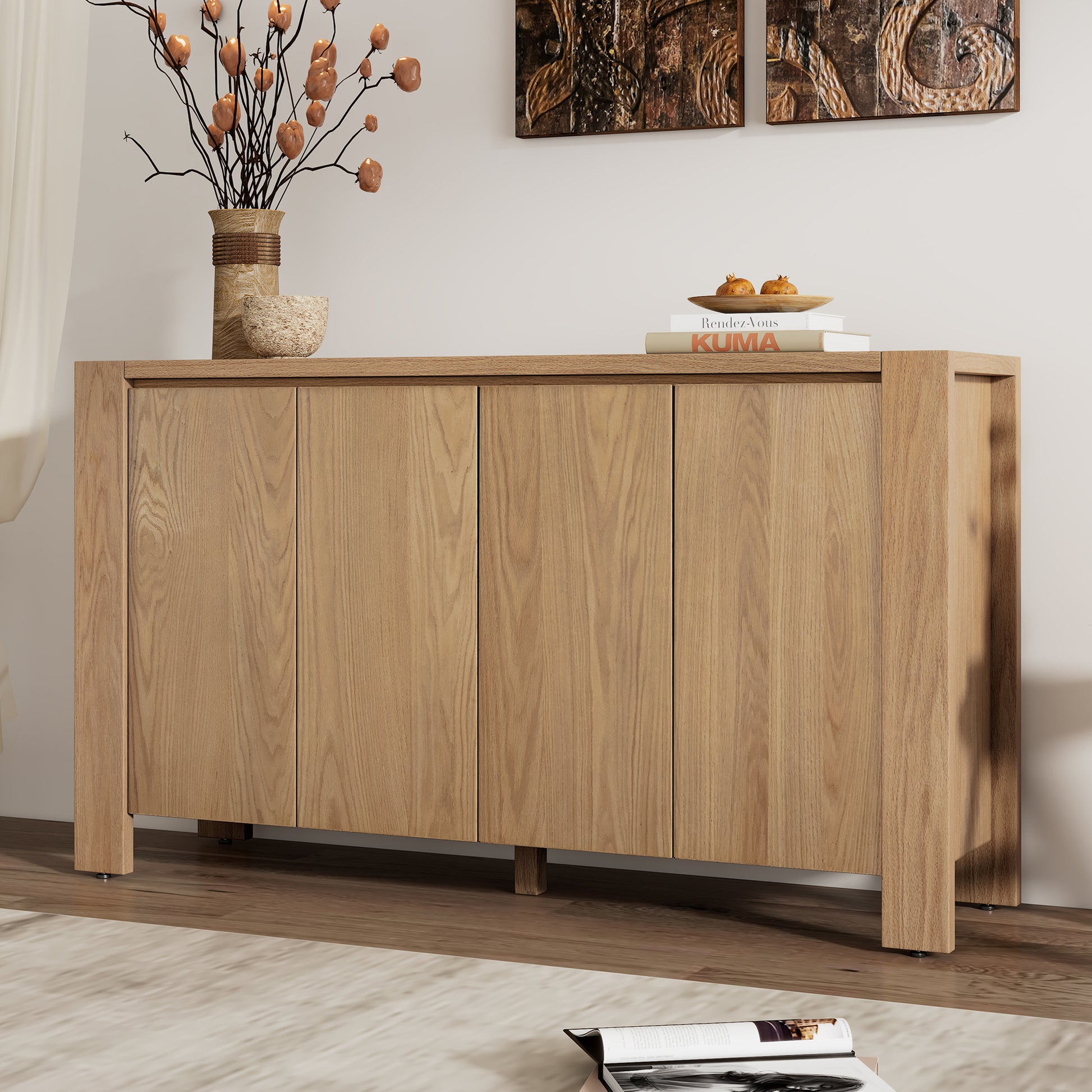 Retro 4 Door Sideboard With Distressed Finish And Adjustable Shelves For Dining Room, Kitchen, And Living Room Natural Natural Mdf,Rubber Wood