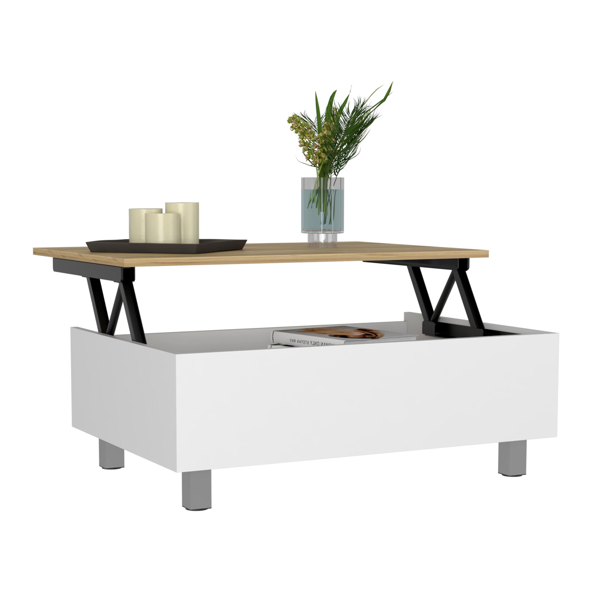 Gambia Lift Top Coffee Table, Four Legs White Light Oak White Primary Living Space Modern Freestanding Rectangular Open Storage Coffee & End Tables Rectangular Particle Board Particle Board