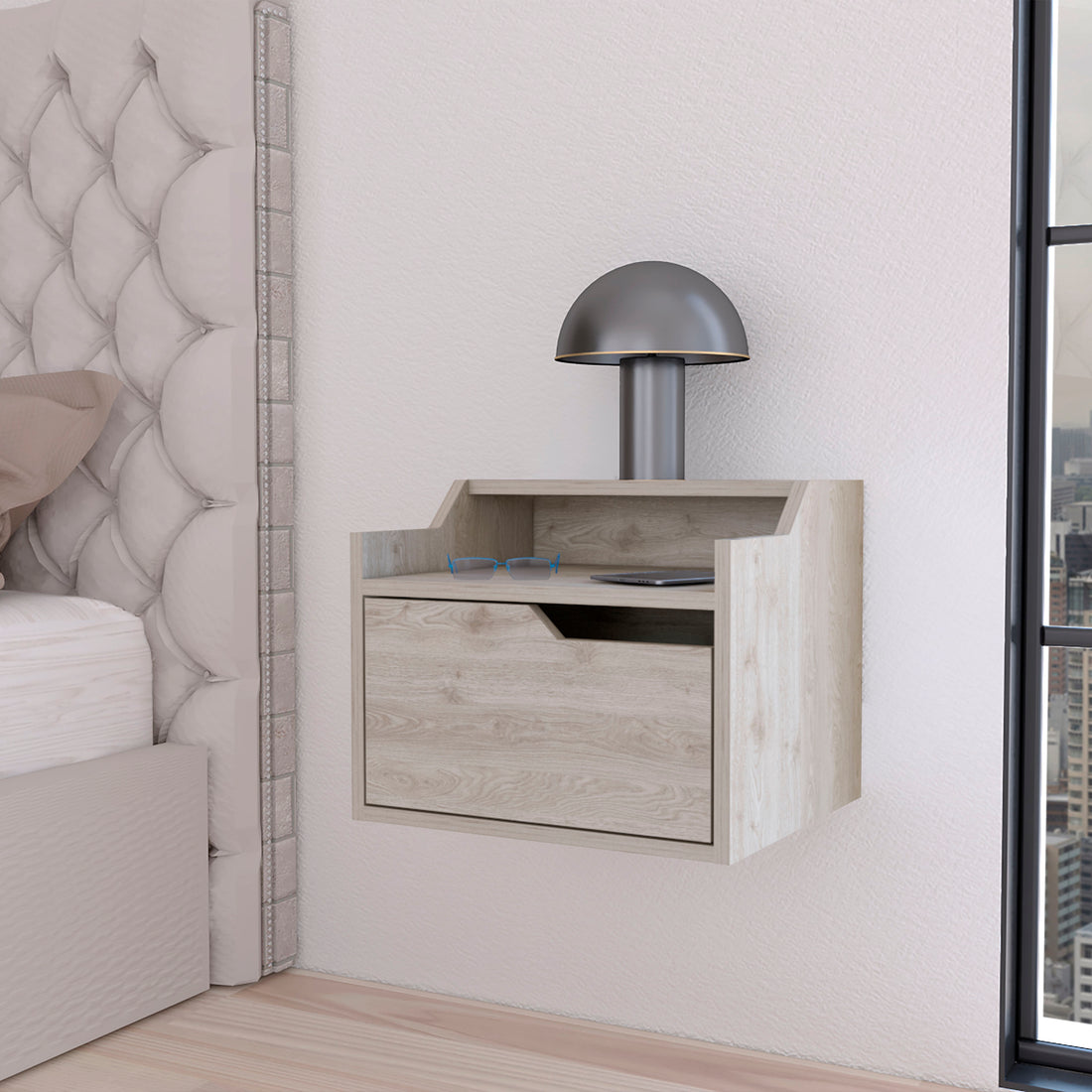 Florence Floating Nightstand With Drawer And Dual Shelf Display Gray 1 Drawer Bedroom Bedside Cabinet Contemporary Storage Melamine Engineered Wood