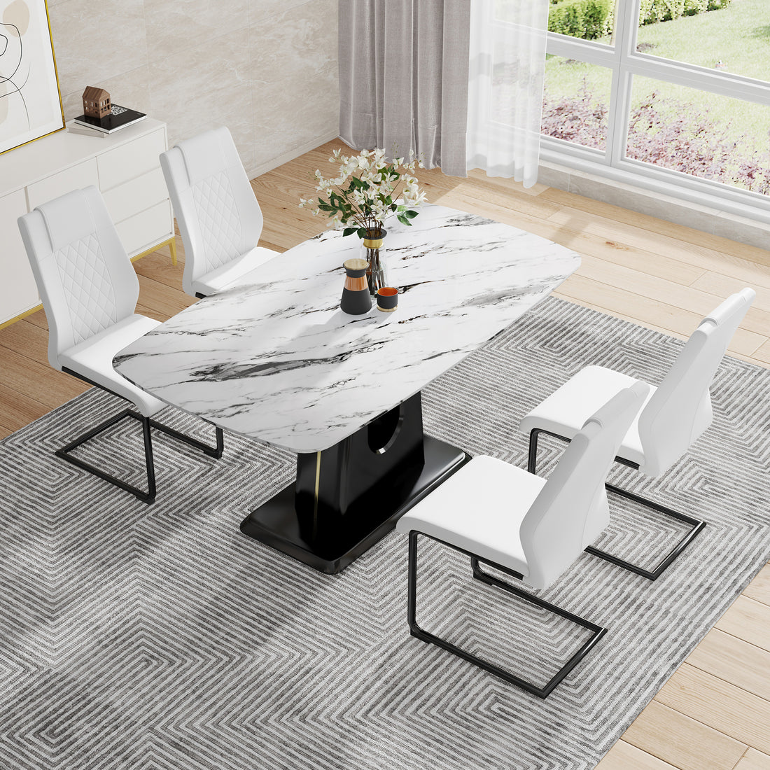 Table And Chair Set, Modern And Minimalist Dining Table, Imitation Marble Patterned Tabletop, Mdf Legs With U Shaped Brackets. Paired With Comfortable Chairs, Suitable For Dining And Living Rooms. Black Mdf Glass