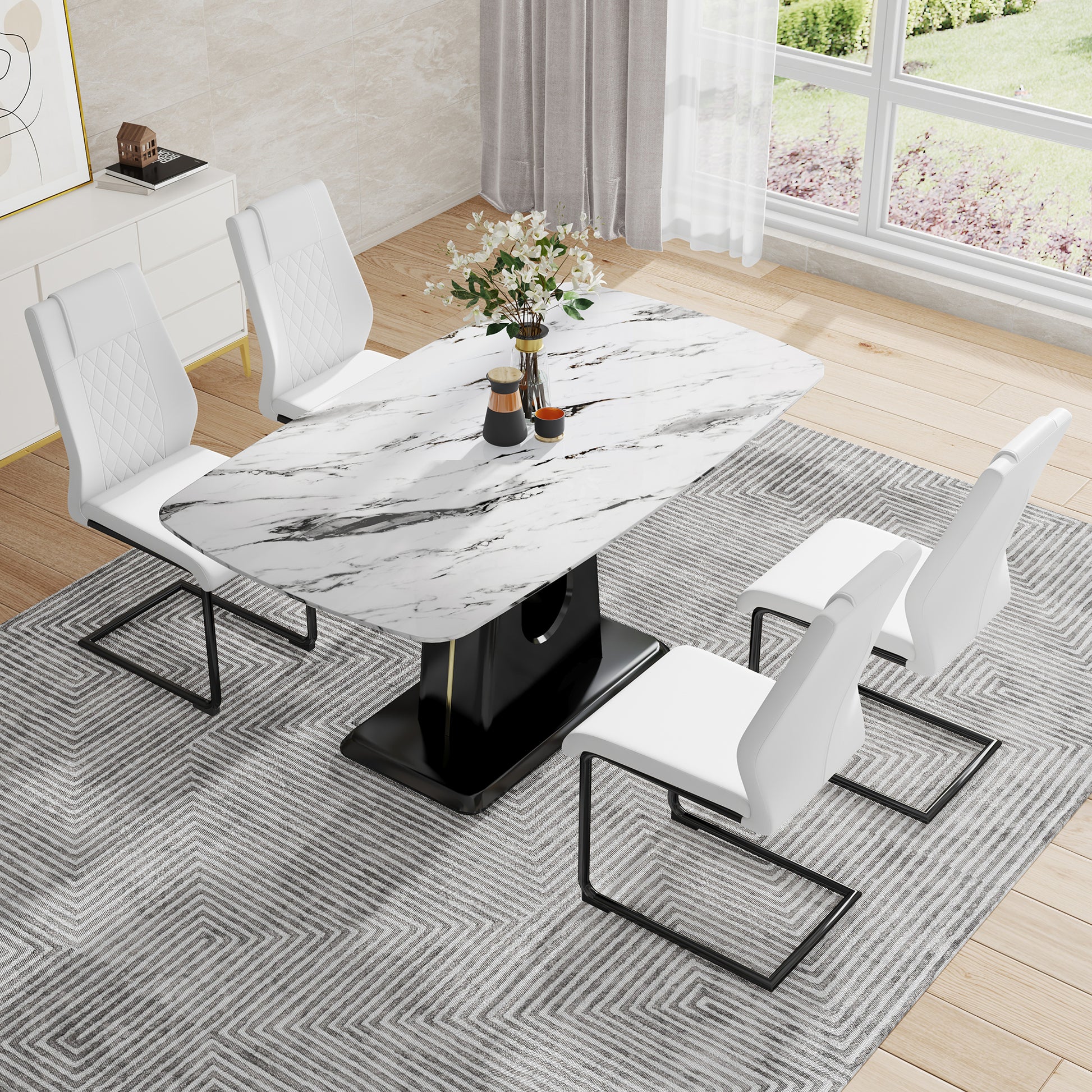 Table And Chair Set, Modern And Minimalist Dining Table, Imitation Marble Patterned Tabletop, Mdf Legs With U Shaped Brackets. Paired With Comfortable Chairs, Suitable For Dining And Living Rooms. Black Mdf Glass
