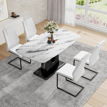 Table And Chair Set, Modern And Minimalist Dining Table, Imitation Marble Patterned Tabletop, Mdf Legs With U Shaped Brackets. Paired With Comfortable Chairs, Suitable For Dining And Living Rooms. Black Mdf Glass