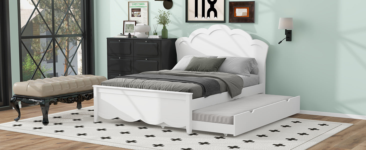 Full Size Wood Platform Bed With Headboard And Twin Size Trundle, White Box Spring Not Required Full White Wood Bed Frame Solid Wood Mdf