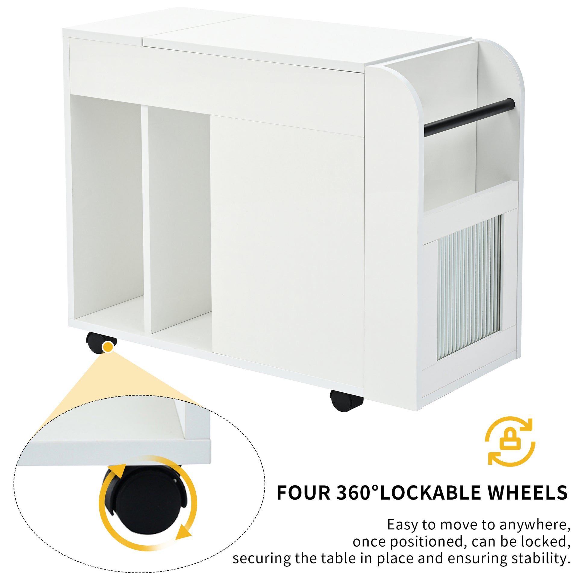 Multifunctional End Table With Wheels, Side Table With Tempered Glass Door, 2 Storage Shelves, 2 Drawers For Living Room, White White Mdf