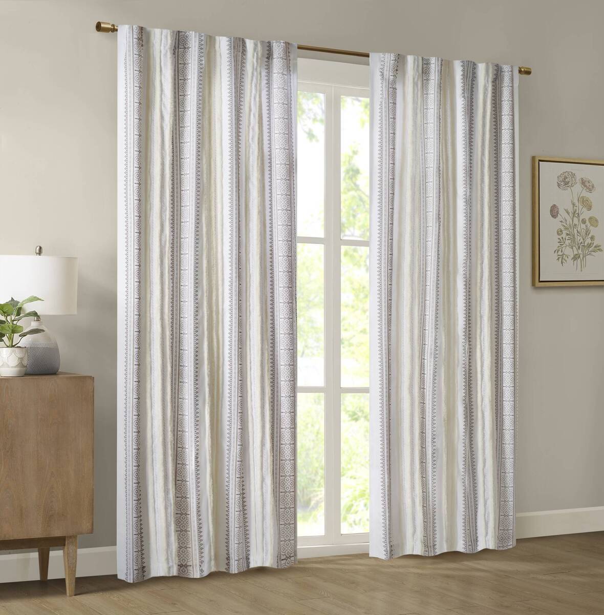 Poly Printed Curtain Panel With Tufted Stripe And Lining White Brown 50X84" Multicolor Polyester