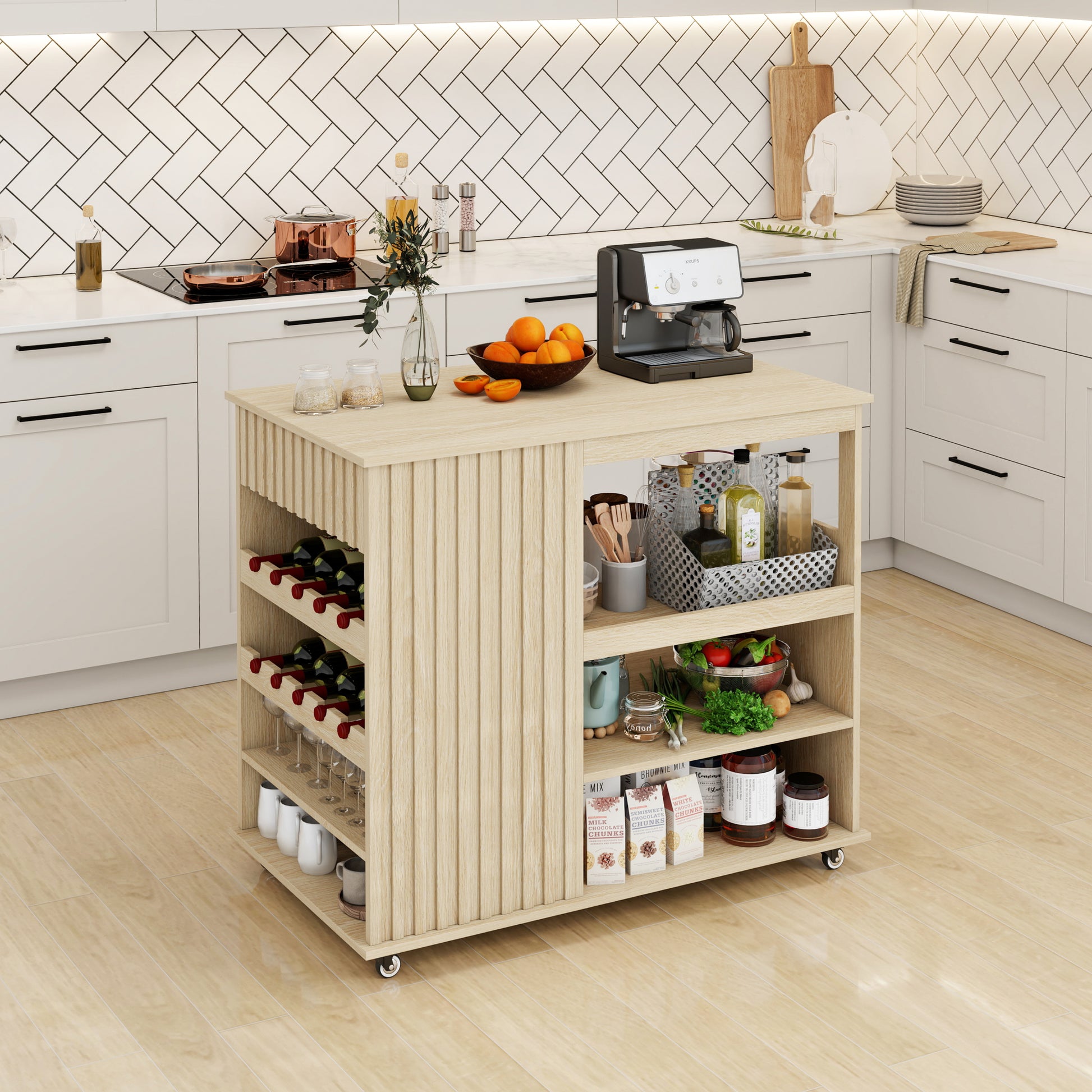 Kitchen Island Cart,Rolling Serving Utility Trolley Cart Modern Kitchen Island With Storage Drawer Wine Rack Lockable Casters,Kitchen Cart For Kitchen,Dining Room,Bar Living Room Natural Kitchen