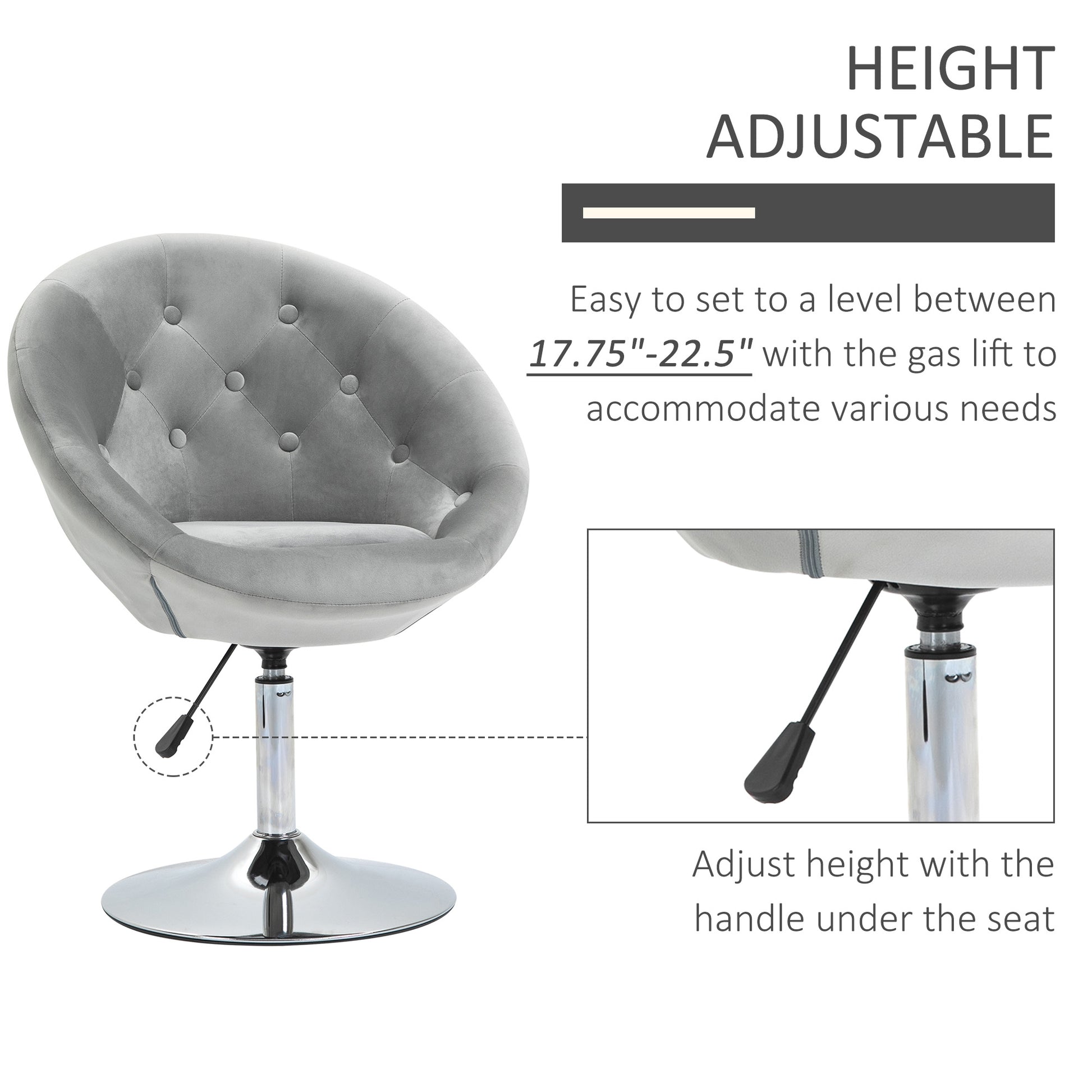 Homcom Modern Makeup Vanity Chair Round Tufted Swivel Accent Chair With Chrome Frame Height Adjustable For Living Room, Bedroom Gray Gray Polyester