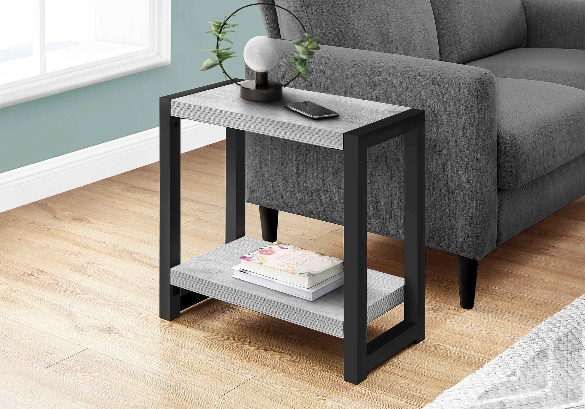 Accent Table, Side, End, Narrow, Small, 2 Tier, Living Room, Bedroom, Grey Laminate, Black Metal, Contemporary, Modern Grey Particle Board