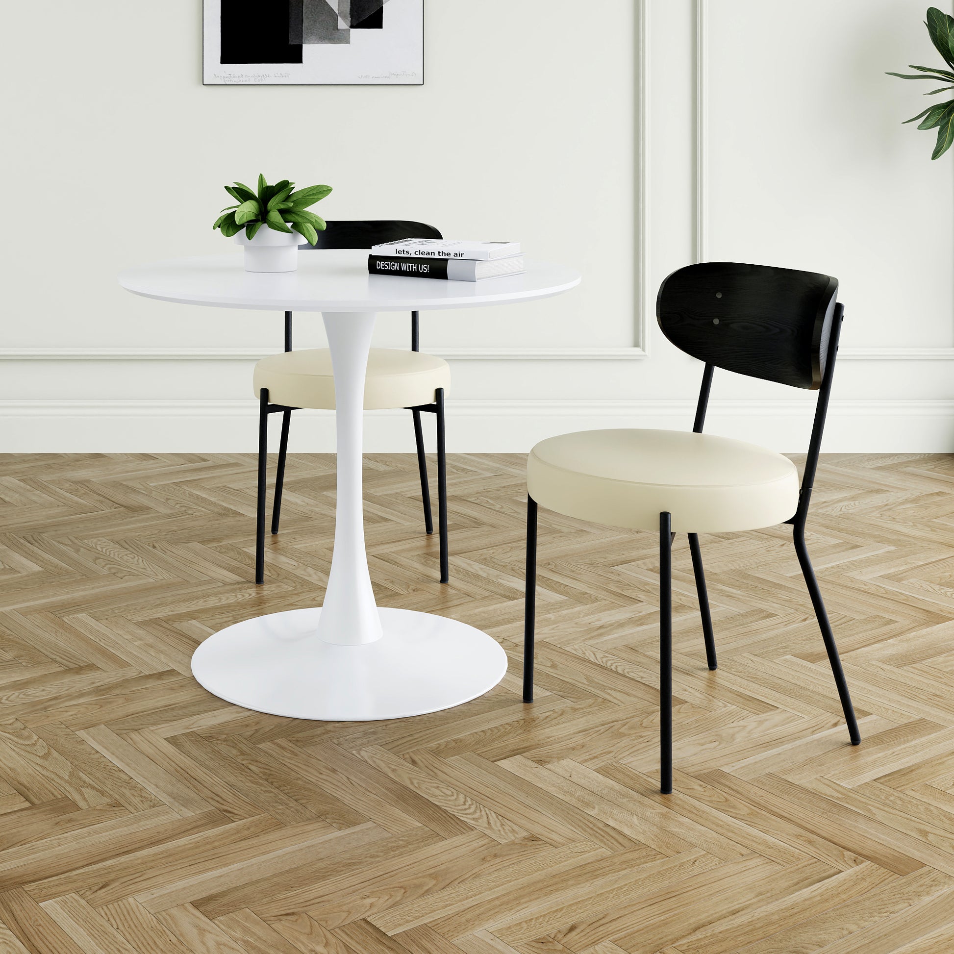 Modern Grey Simple Pu Dining Chair Upholstered Chair Family Bedroom Stool Back Dressing, White Round Table Set,Bentwood Covered With Ash Veneer Chair Back,Chair Black Metal Legs Set Of 3 White Mdf