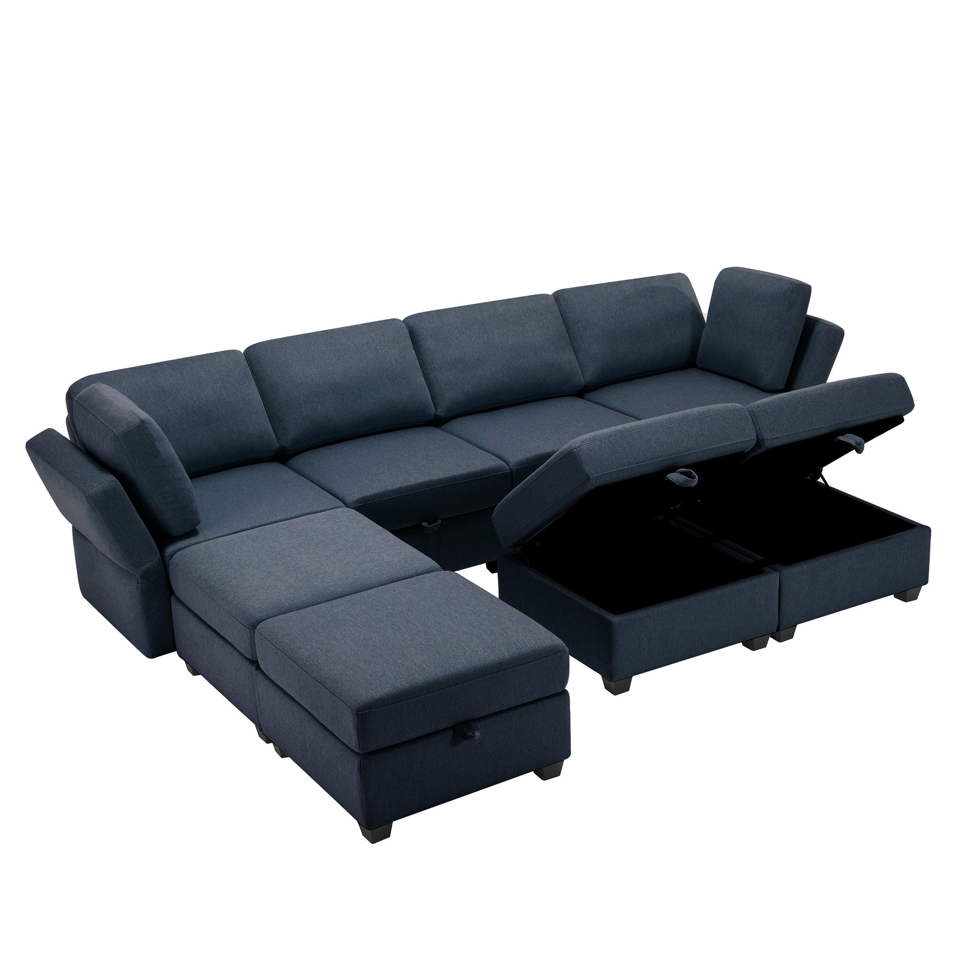 Adjustable Arms And Backs Sectional Sofa, Modern Sectional Couch U Shaped Sofa Couch With Storage Ottoman, Sofa With Convertible Chaise Blue Blue Polyester 4 Seat