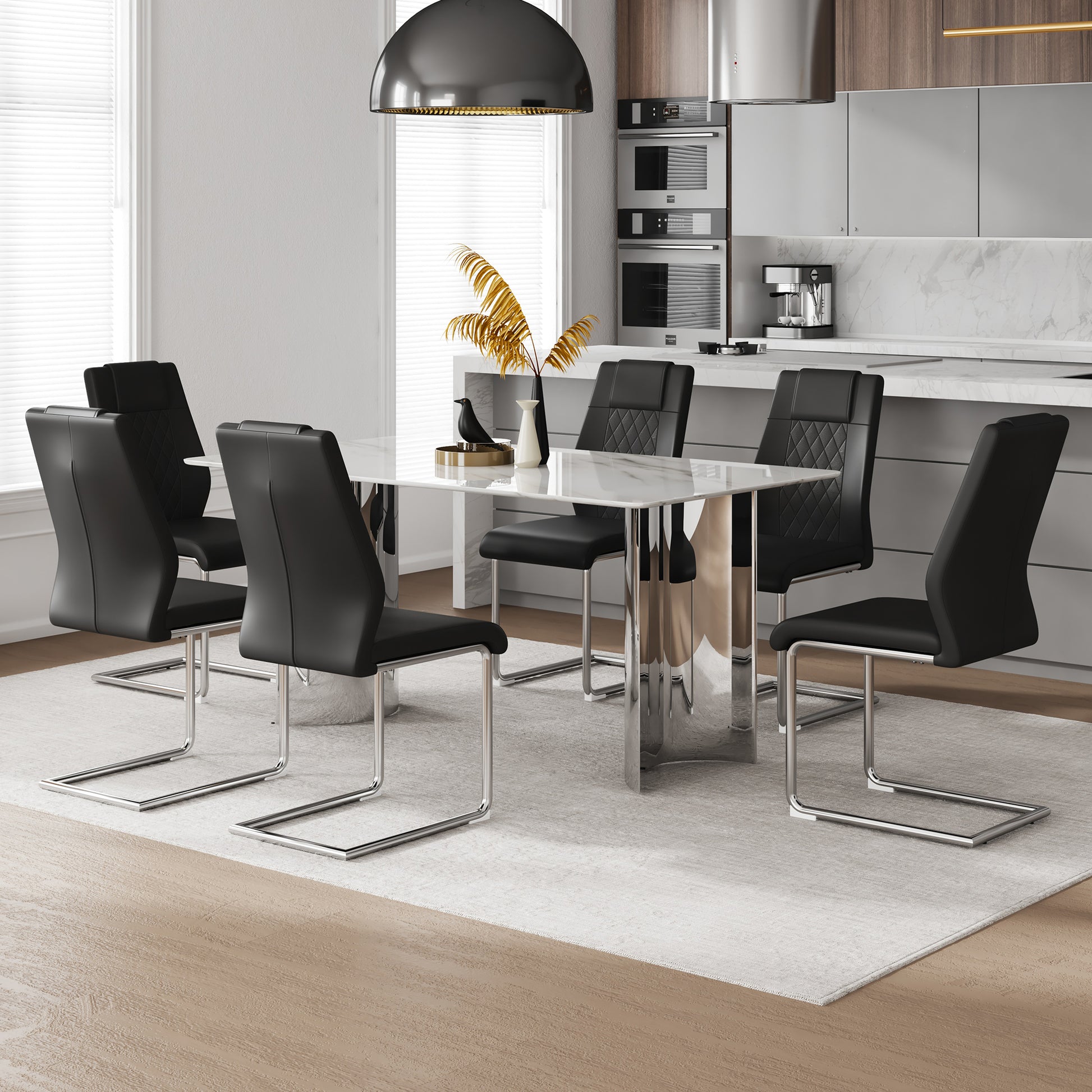 Table And Chair Set, Modern And Minimalist Dining Table. Imitation Marble Glass Sticker Desktop, Stainless Steel Legs, Stable And Beautiful. Comfortable Pu Seats. Dt 69 Silver Glass