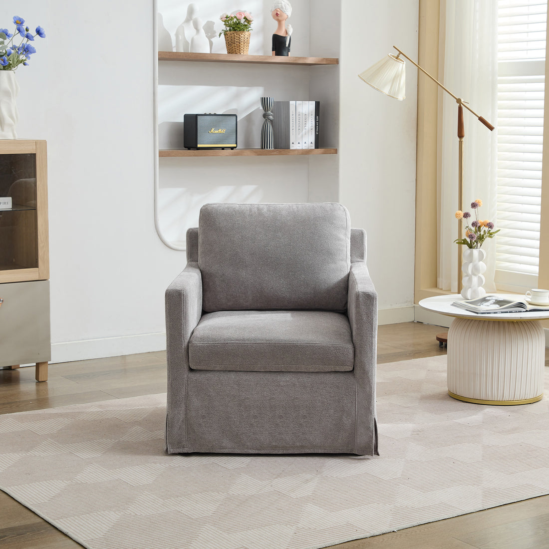 29.92'' Swivel Accent Chair, Upholstered Skirted Swivel Chair With Removable Back Cushion, 360 Degree Comfy Armchair For Living Room, Nursery, Lounge,Office,Gray Chenille Gray Chenille