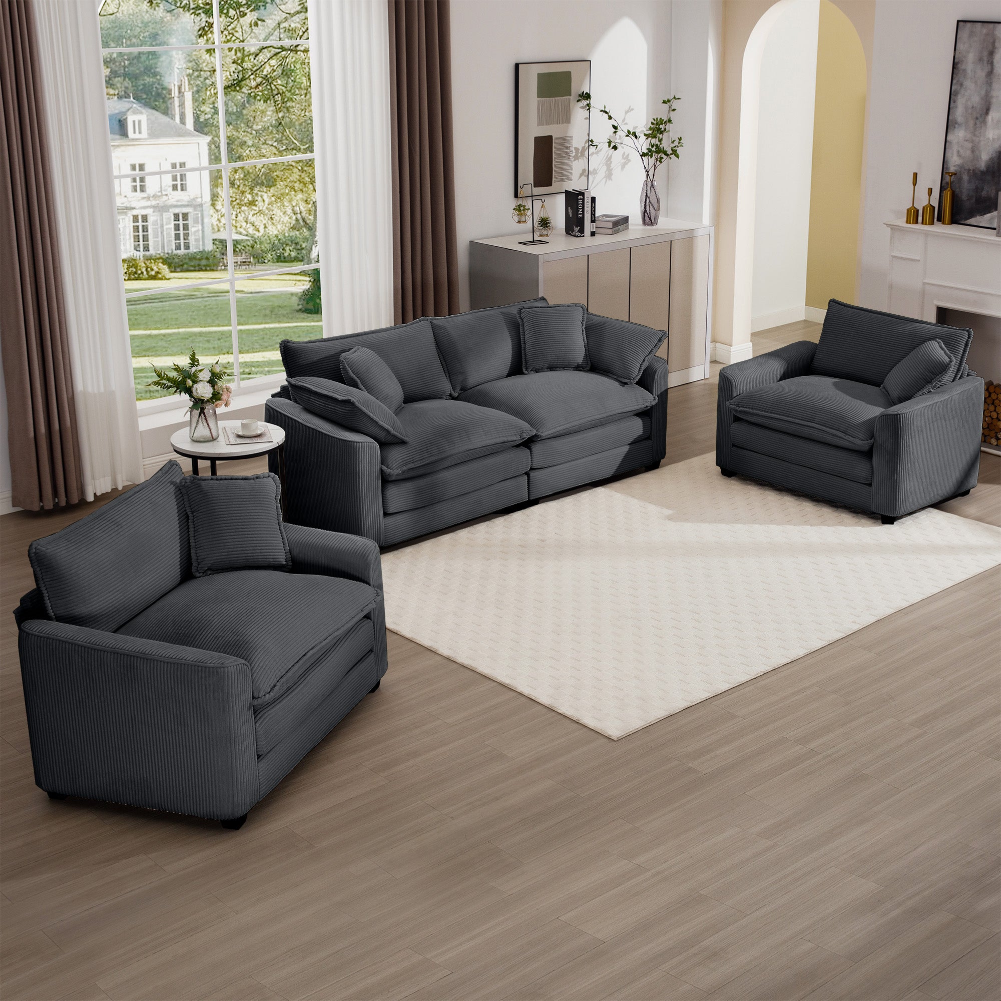 Warm And Cozy Sofa Set With Soft Cushions And Pillows, Home Theater Style Sofa Set Consisting Of One 2 Seater Sofas And Two Single Sofa In Grey Corduroy Fabric Grey Corduroy 4 Seat