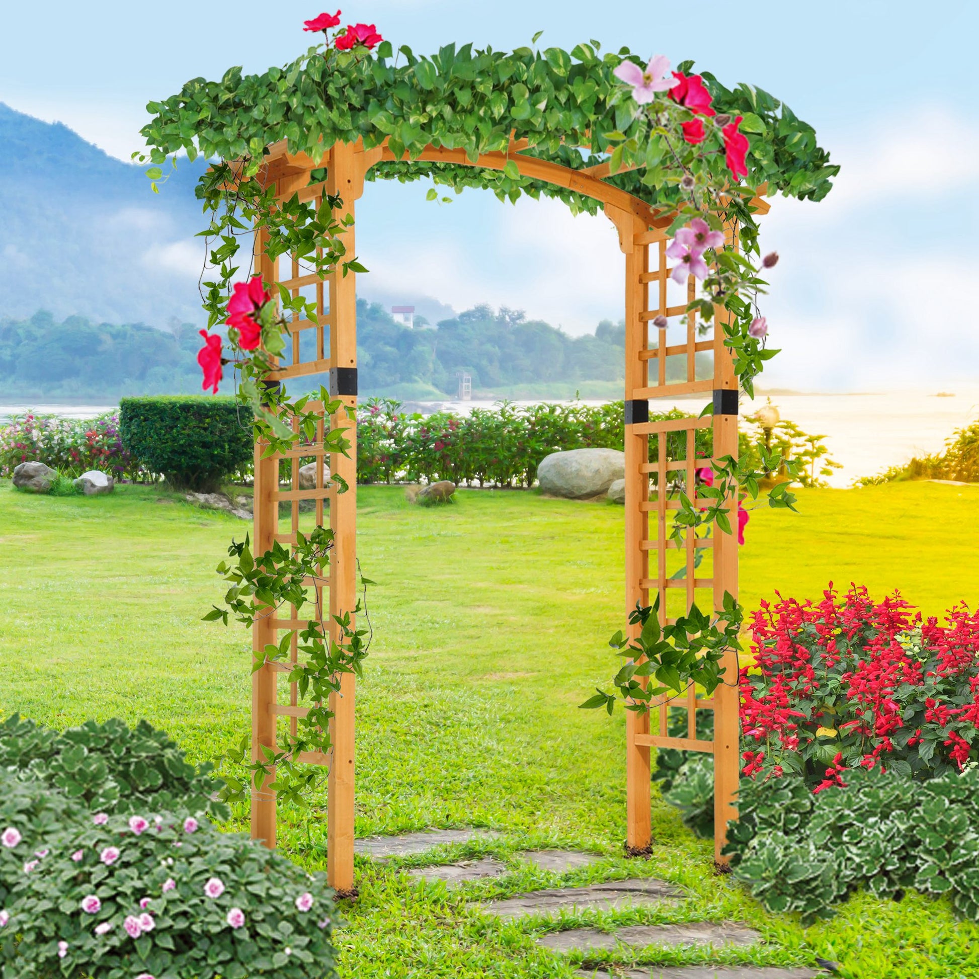 wooden trellis wall art Outsunny 90In Wood Garden Arbor Arch With Trellis Wall For Climbing &