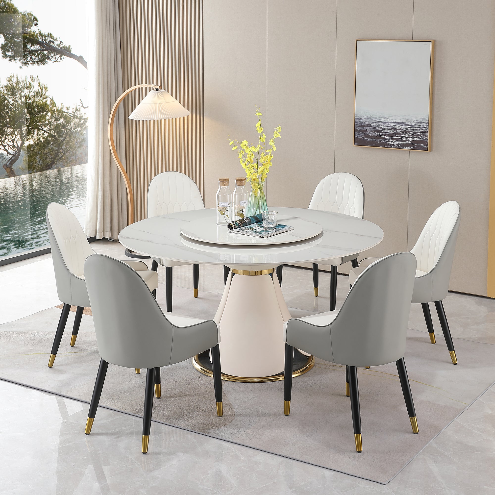 59.05"Modern Sintered Stone Dining Table With 31.5" Round Turntable With 6 Pcs Chairs . Metal White Seats 6 American Design Round Round Sintered Stone