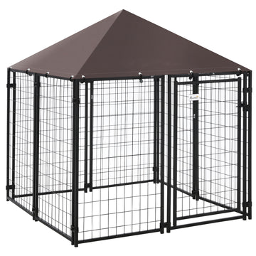 Pawhut 5' X 5' X 5' Dog Kennel Outdoor, Walk In Pet Playpen, Welded Wire Steel Dog Fence With Water And Uv Resistant Canopy, Jet Black Black Steel