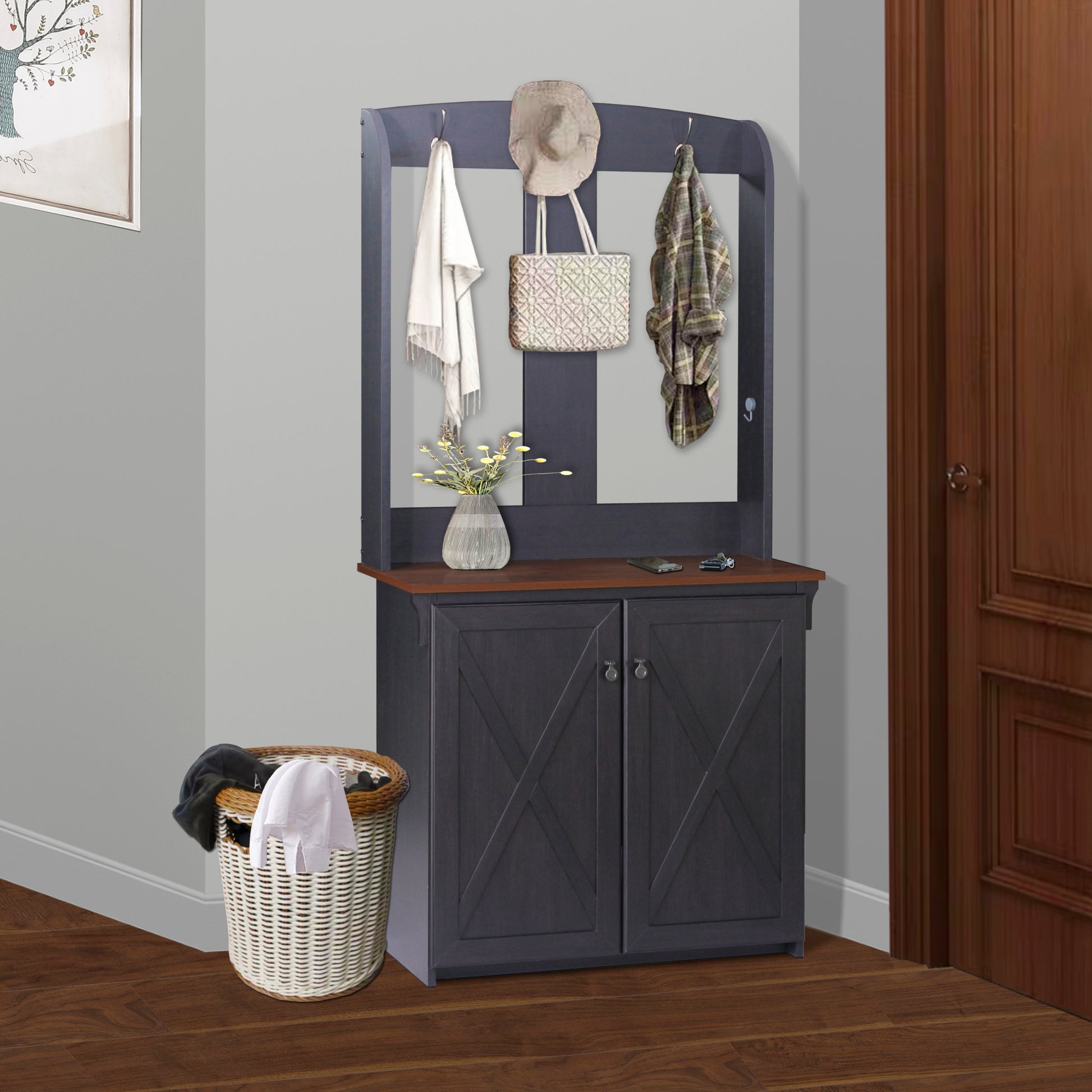 Hall Tree & Cabinet "Versatile Hall Tree With Bench And Shoe Storage Antique Black & Maple Finish, Modern Entryway Organizer With Adjustable Shelves" Multicolor Solid Wood