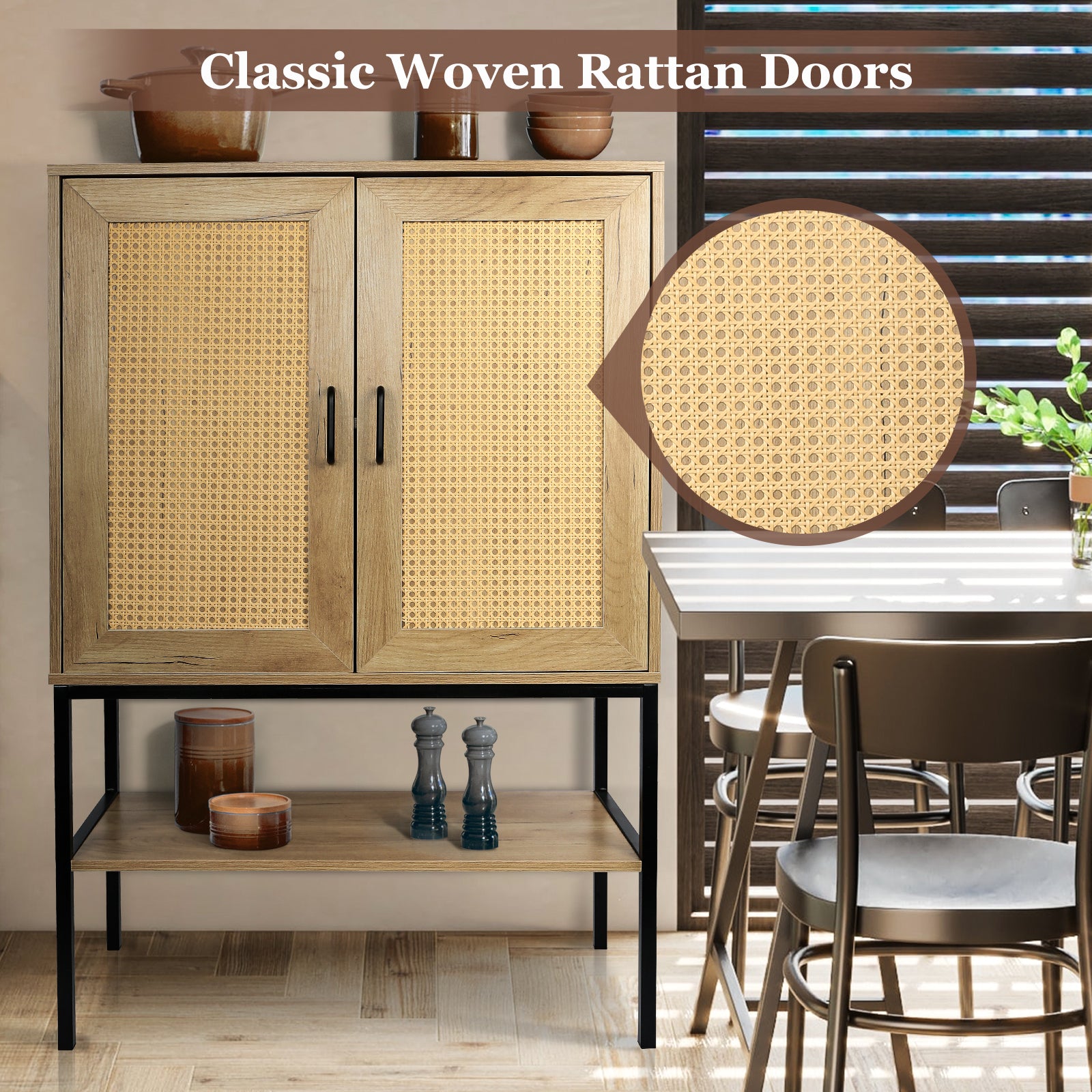 31.5 Inch Wide 2 Rattan Doors Free Standing Sideboard Storage Cabinet With One Open Bottom Shelf For Kitchen Dinning Room Living Room, Natural Color Freestanding 1 2 Shelves Natural Natural Primary Living Space Open Storage Space American Design Particle