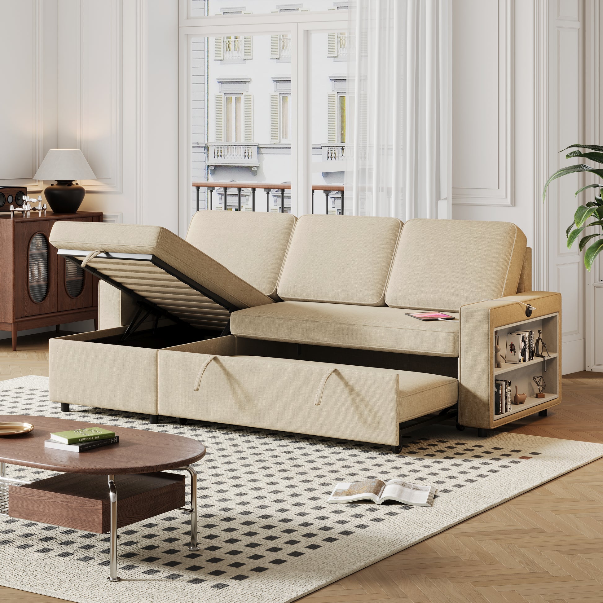 85.8" Pull Out Sleeper Sofa L Shaped Couch Convertible Sofa Bed With Storage Chaise And Storage Racks,With Usb Port And T Pyce Port Beige Fabric 3 Seat
