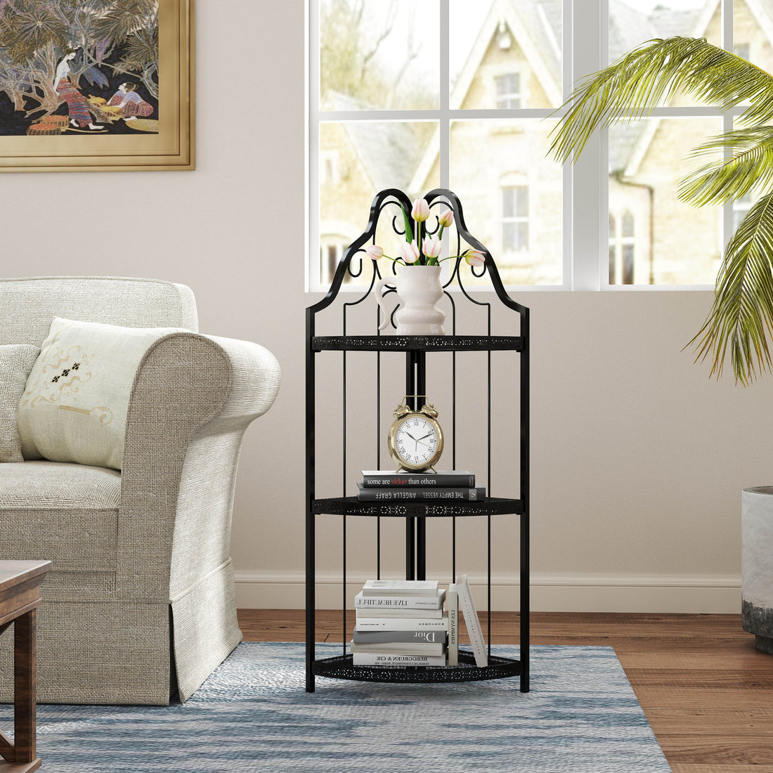3 Tier Corner Open Shelf,Bookcase Freestanding Shelving Unit,Plant Stand Small Bookshelf For Living Room, Home Office, Kitchen, Small Space Black Corner Office American Design,Rustic Iron