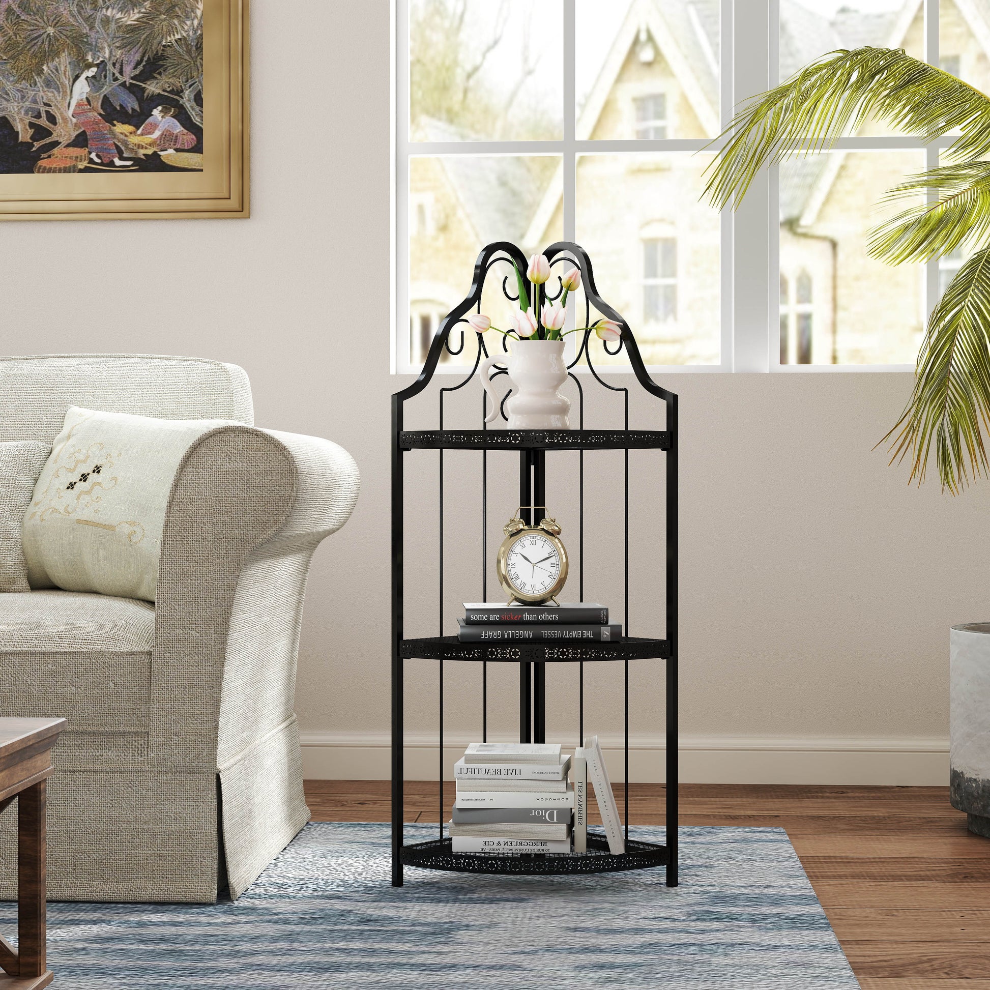 3 Tier Corner Open Shelf,Bookcase Freestanding Shelving Unit,Plant Stand Small Bookshelf For Living Room, Home Office, Kitchen, Small Space Black Corner Office American Design,Rustic Iron