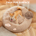 Anti Slip Round Fluffy Plush Faux Fur Cat Bed, Large Brown Brown Fabric